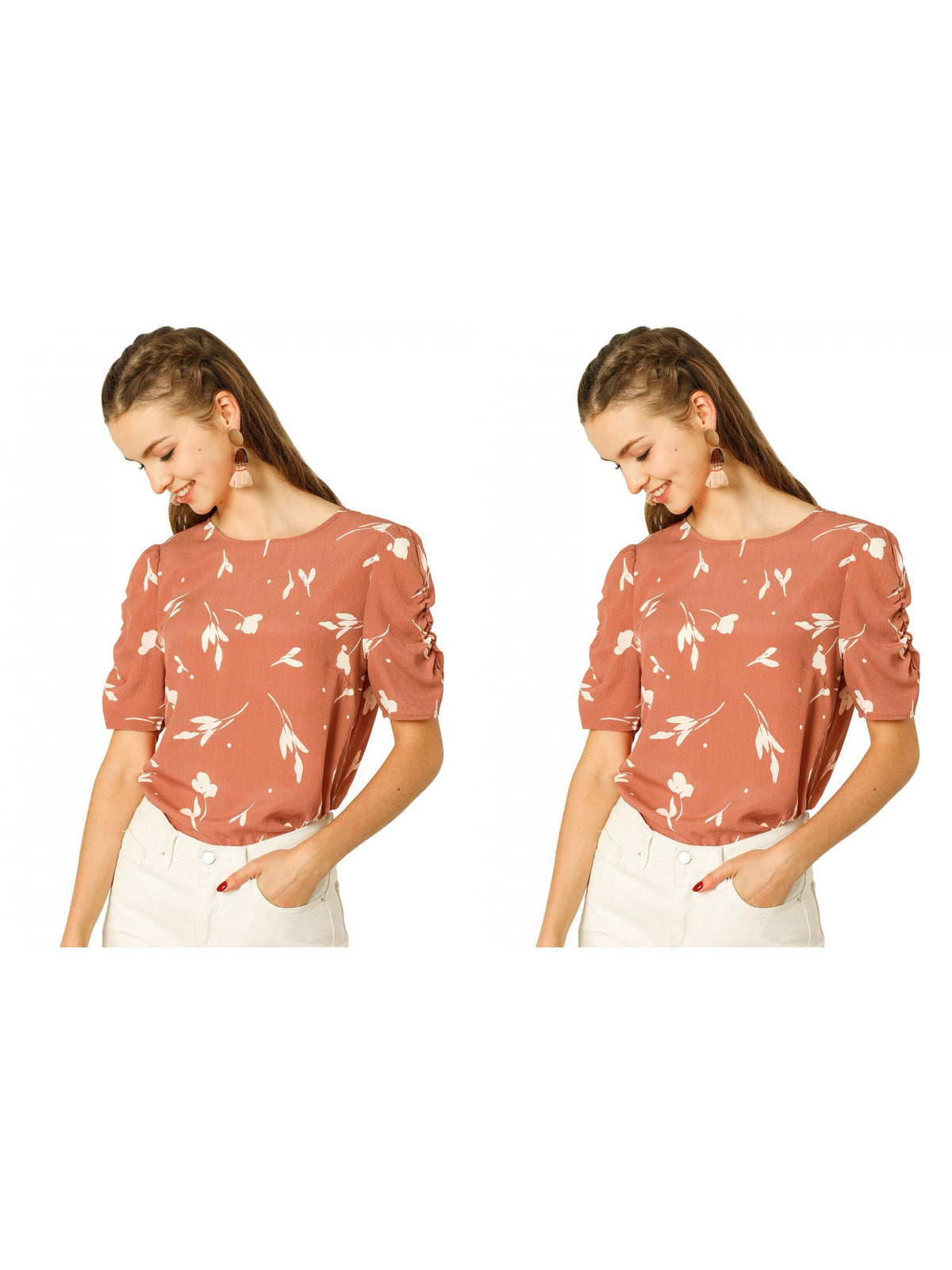 [PACK SALES] Women's 2 Pieces Elegant Crew Neck Shirred Sleeve Keyhole Back Floral Blouse