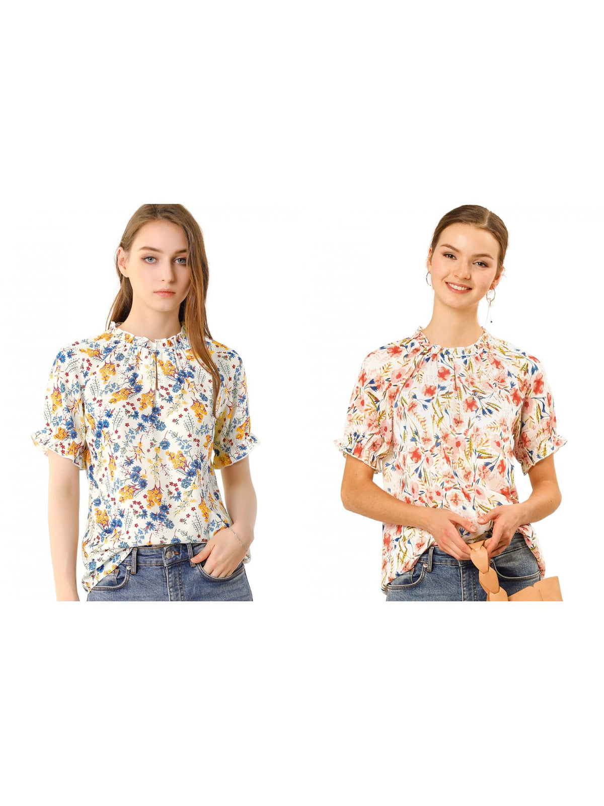 [PACK SALES] Women's 2 Pieces Floral Ruffled Short Sleeve Ruffle Neck Casual Blouses