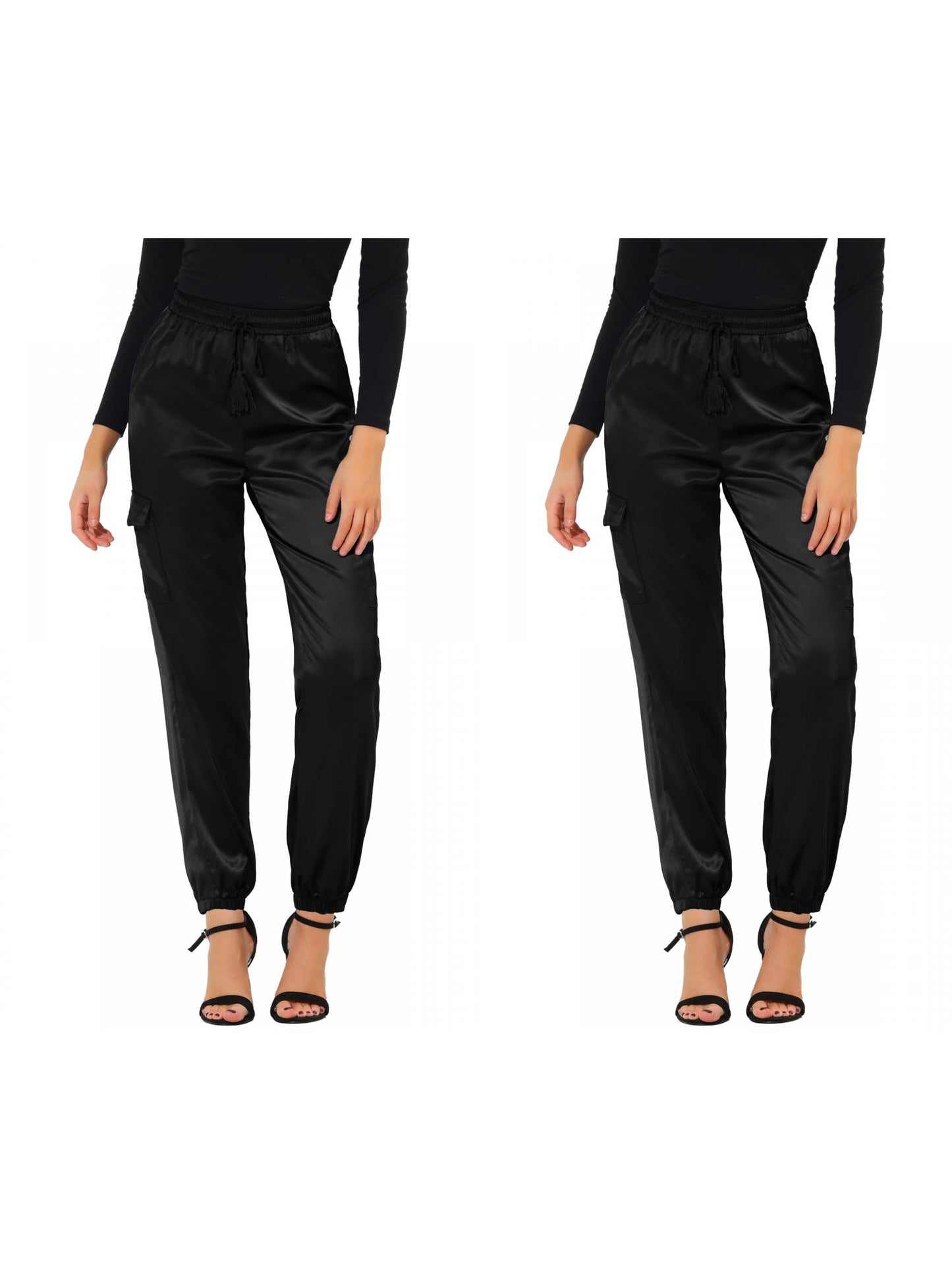 [PACK SALES] Women's 2 Pieces Drawstring Elastic High Rise Silky Satin Cargo Solid Pants