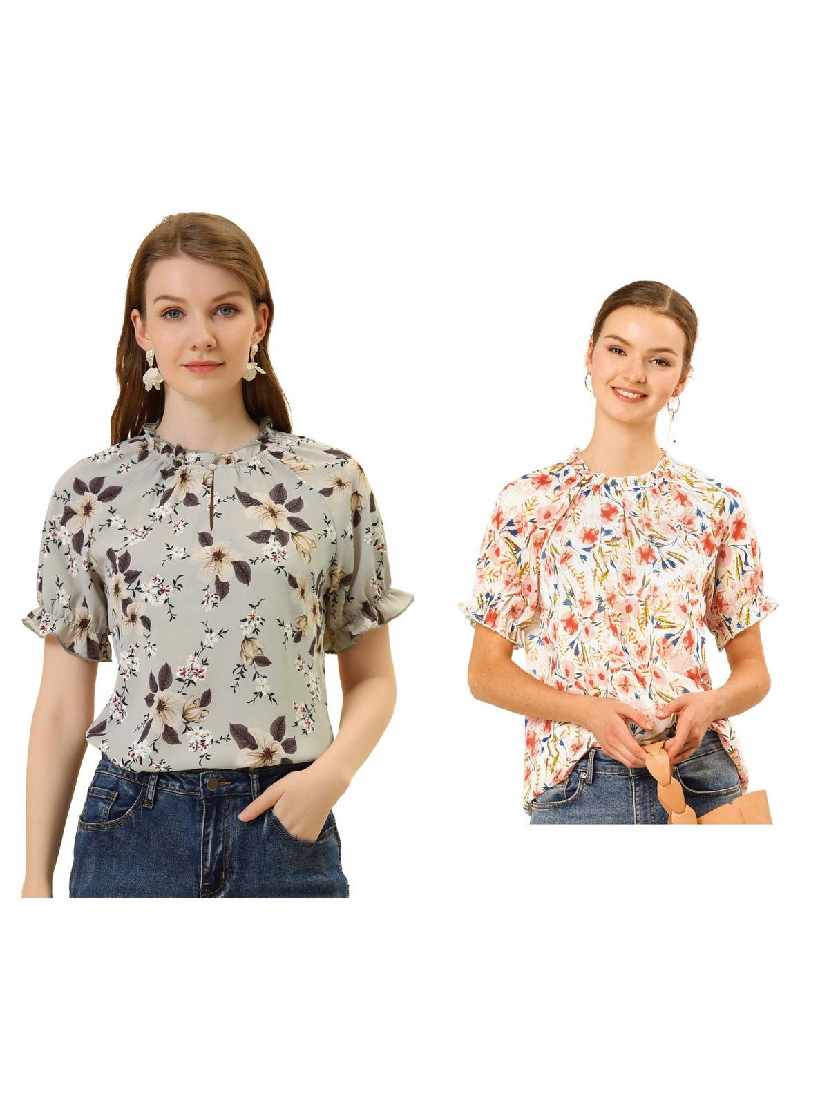 [PACK SALES] Women's 2 Pieces Floral Ruffled Short Sleeve Ruffle Neck Casual Blouses