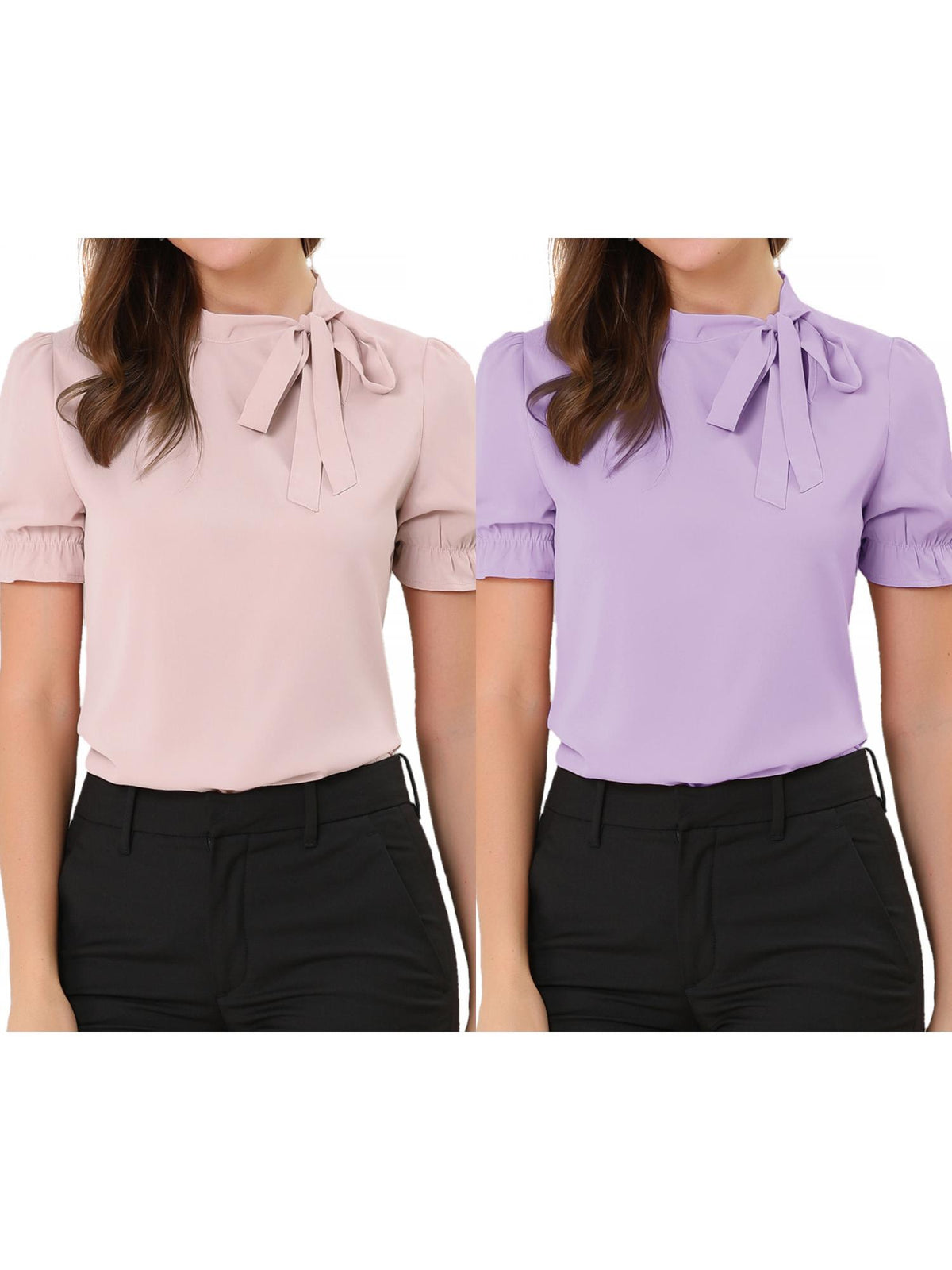 [PACK SALES] Women's 2 Pieces Elegant Bow Tie Neck Short Sleeve Office Work Blouses