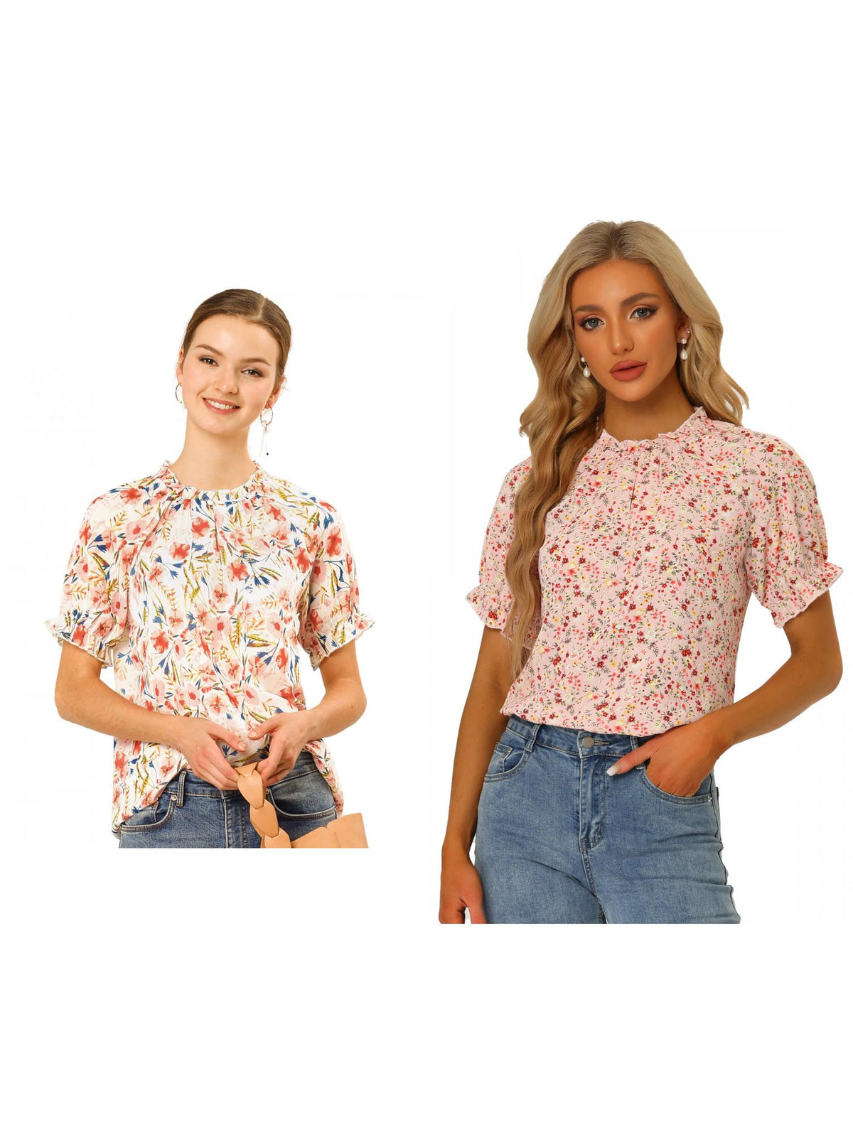 [PACK SALES] Women's 2 Pieces Floral Ruffled Short Sleeve Ruffle Neck Casual Blouses