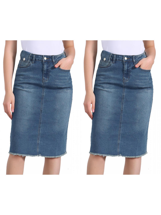[PACK SALES] Women's 2 Pieces Solid High Waist Back Vent Knee Length Denim Skirt