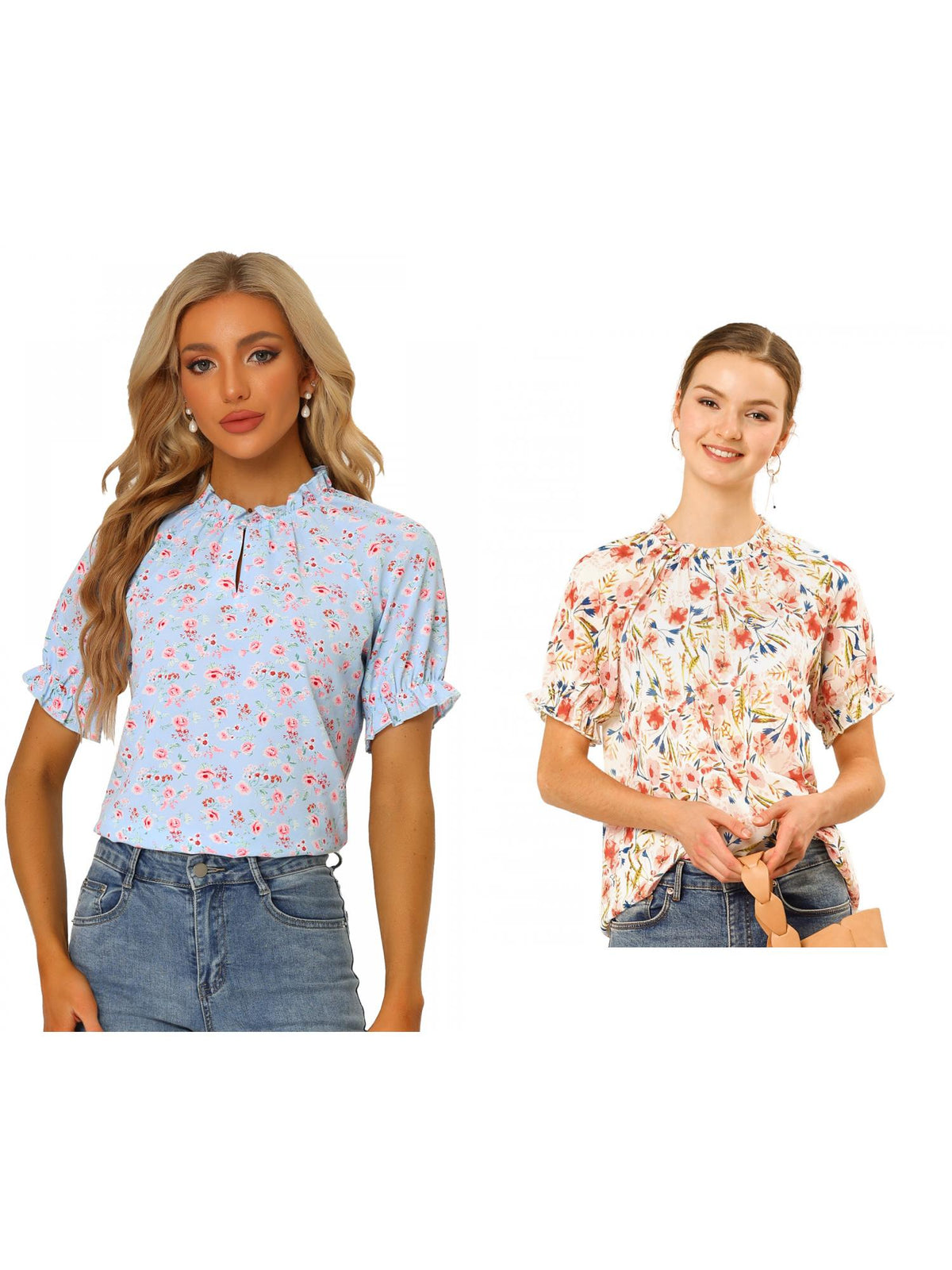 [PACK SALES] Women's 2 Pieces Floral Ruffled Short Sleeve Ruffle Neck Casual Blouses