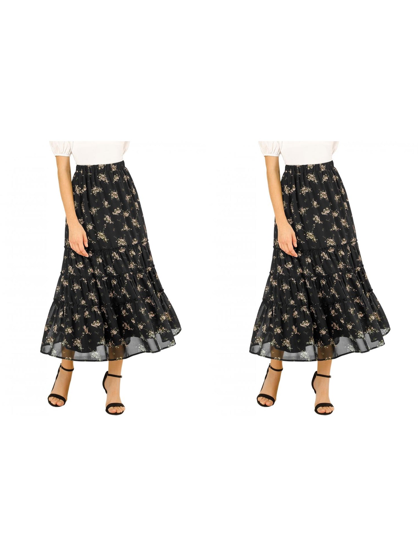 [PACK SALES] Women's 2 Pieces Floral Print Elastic Waist Ruffle Maxi Tiered Skirt