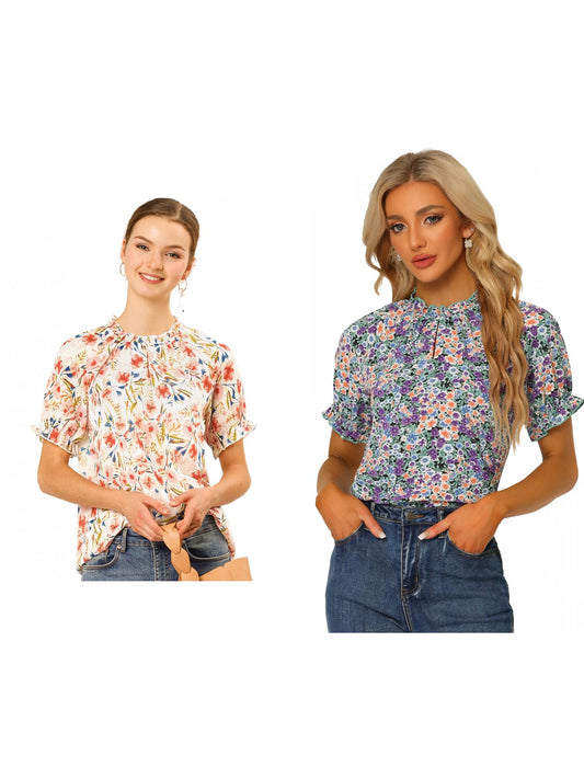 [PACK SALES] Women's 2 Pieces Floral Ruffled Short Sleeve Ruffle Neck Casual Blouses