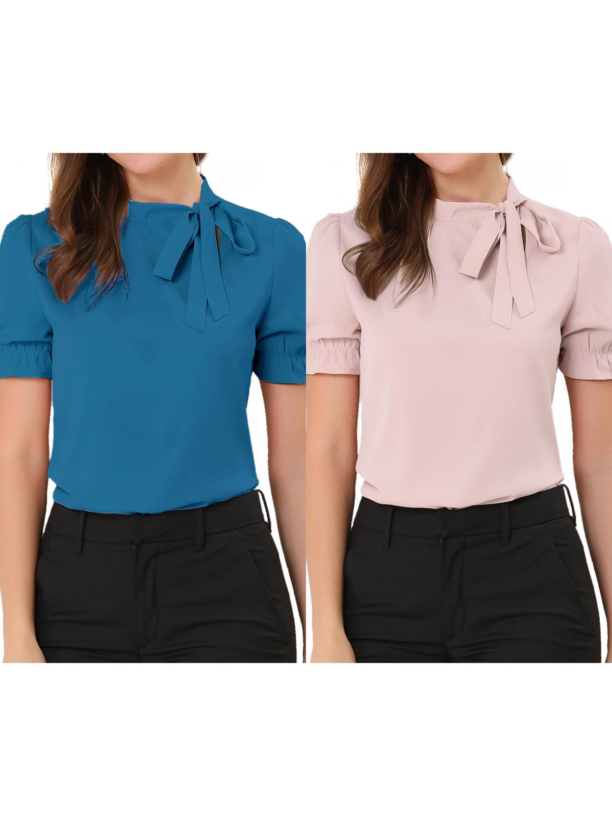 [PACK SALES] Women's 2 Pieces Elegant Bow Tie Neck Short Sleeve Office Work Blouses