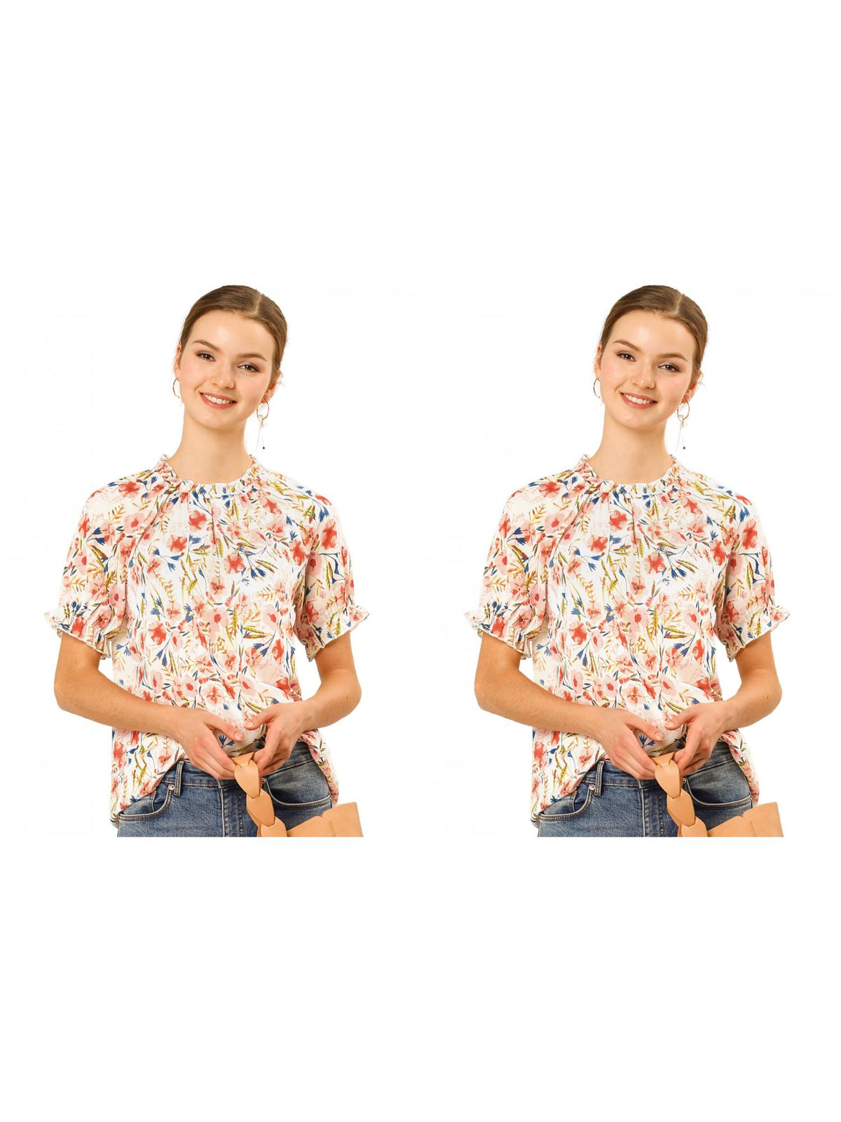 [PACK SALES] Women's 2 Pieces Floral Ruffled Short Sleeve Ruffle Neck Casual Blouses
