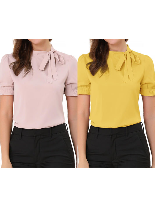 [PACK SALES] Women's 2 Pieces Elegant Bow Tie Neck Short Sleeve Office Work Blouses