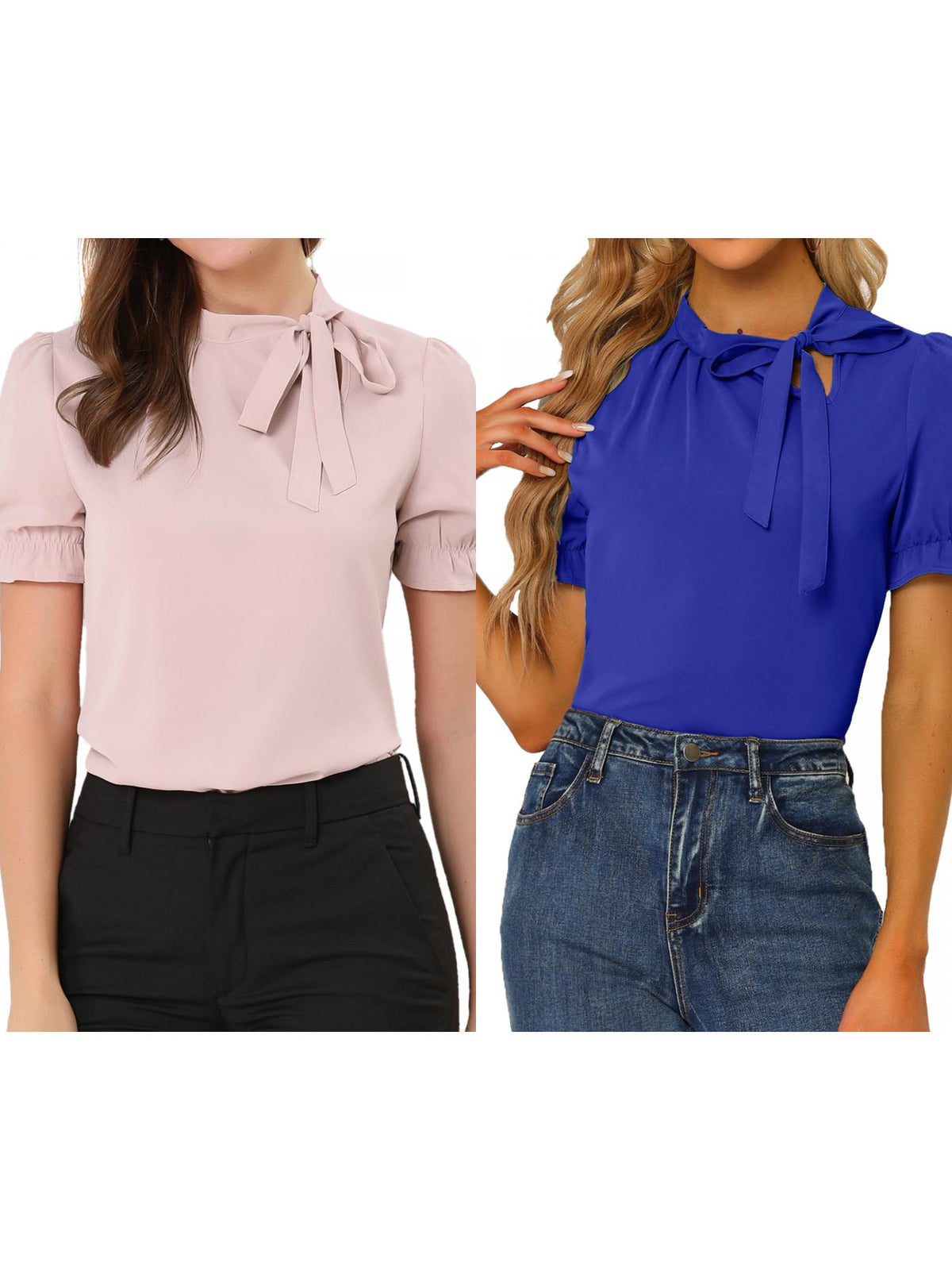 [PACK SALES] Women's 2 Pieces Elegant Bow Tie Neck Short Sleeve Office Work Blouses