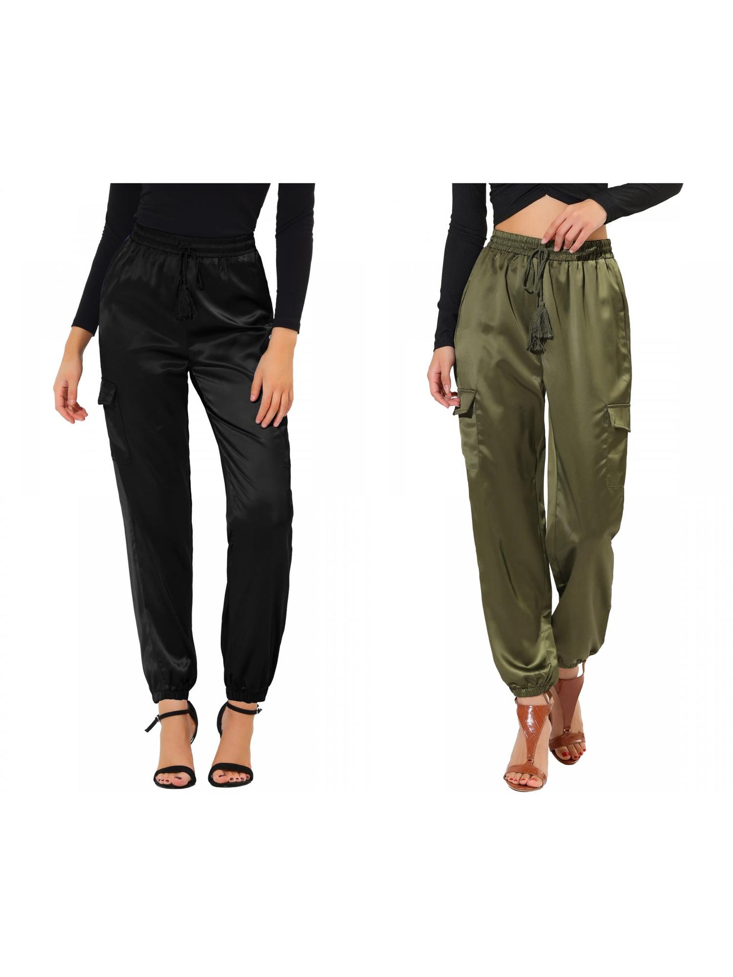 [PACK SALES] Women's 2 Pieces Drawstring Elastic High Rise Silky Satin Cargo Solid Pants