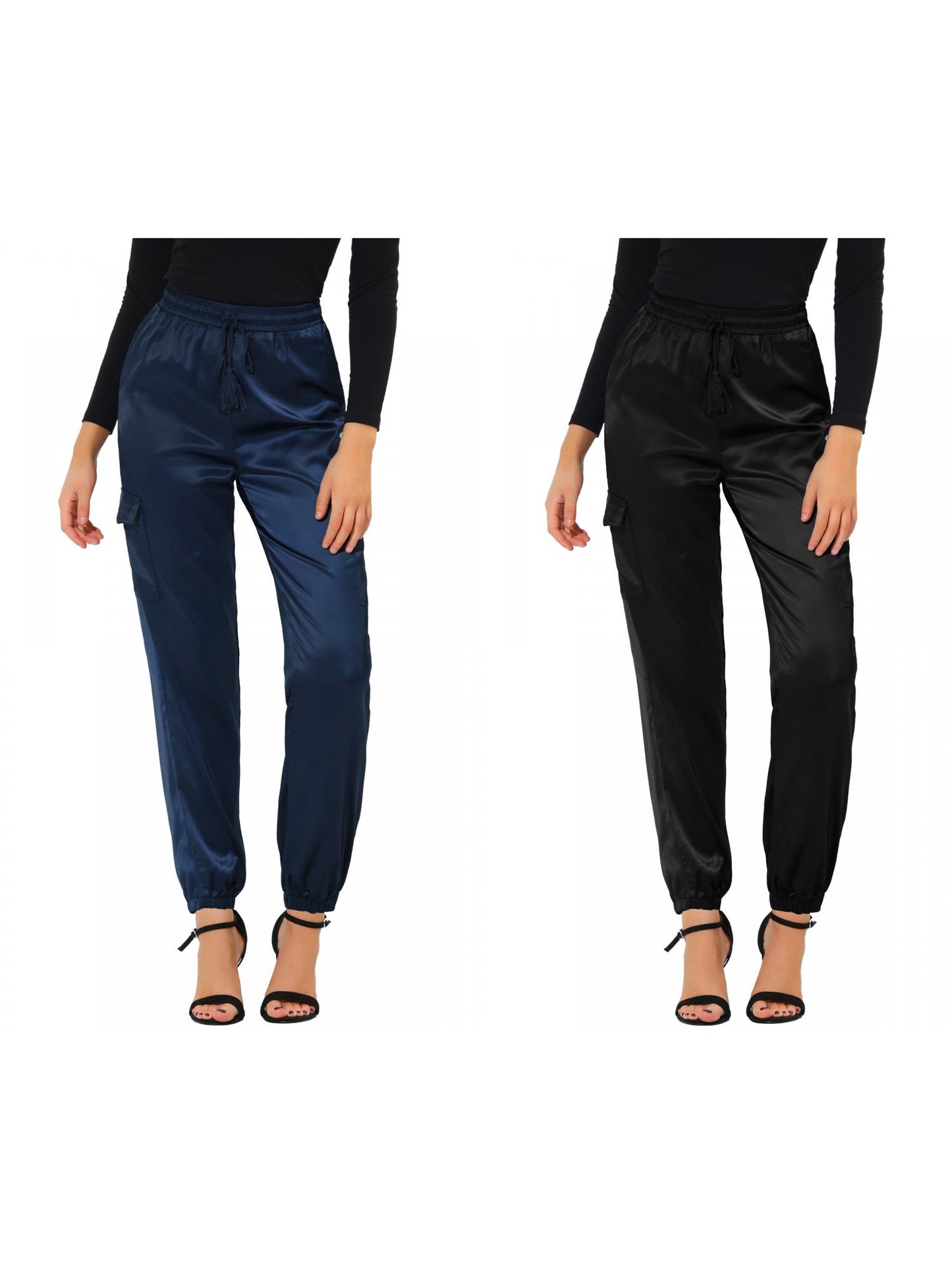 [PACK SALES] Women's 2 Pieces Drawstring Elastic High Rise Silky Satin Cargo Solid Pants