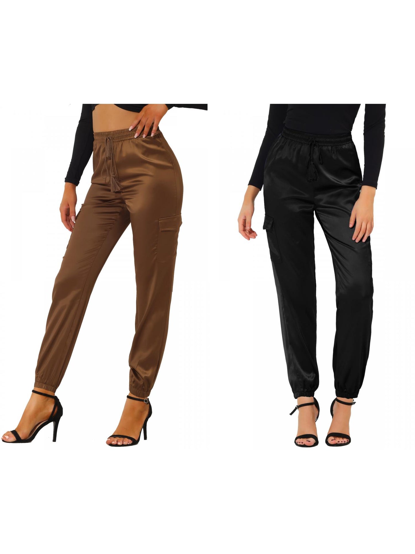 [PACK SALES] Women's 2 Pieces Drawstring Elastic High Rise Silky Satin Cargo Solid Pants