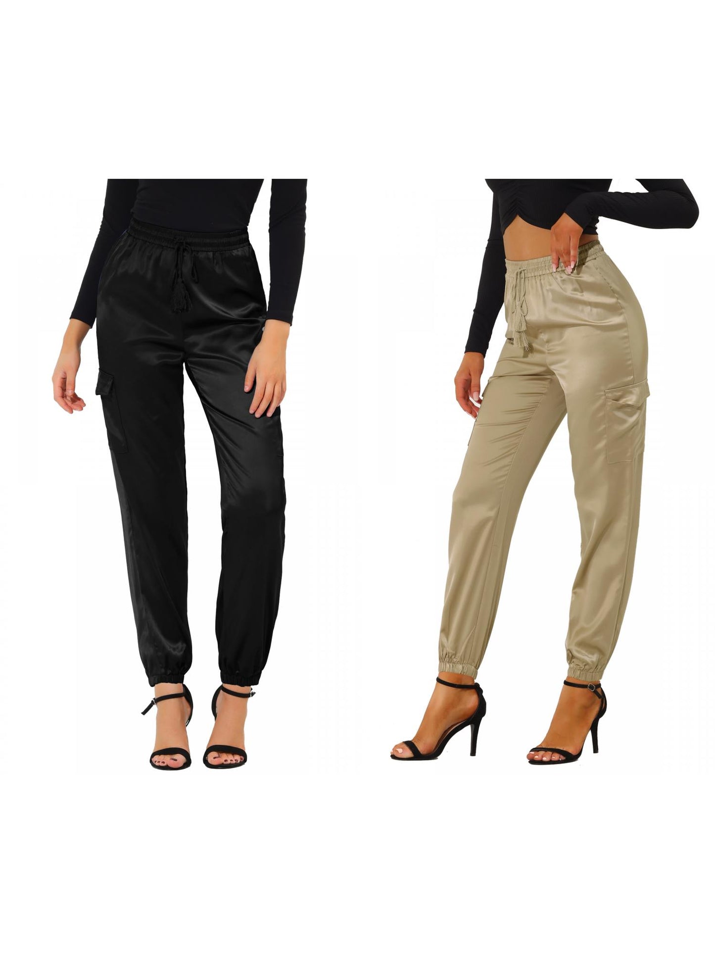 [PACK SALES] Women's 2 Pieces Drawstring Elastic High Rise Silky Satin Cargo Solid Pants