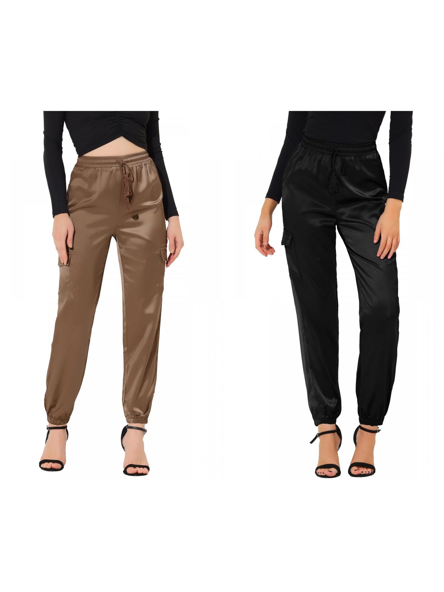 [PACK SALES] Women's 2 Pieces Drawstring Elastic High Rise Silky Satin Cargo Solid Pants