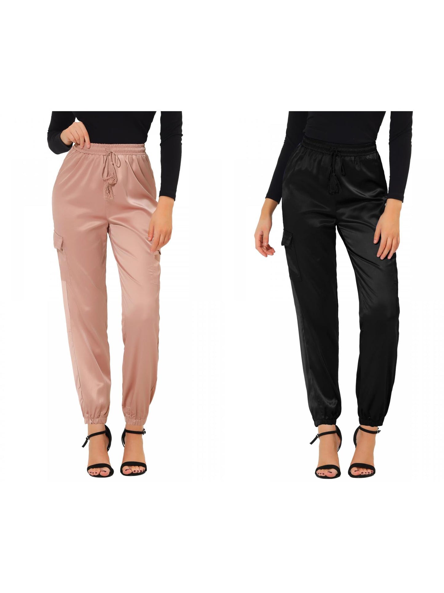 [PACK SALES] Women's 2 Pieces Drawstring Elastic High Rise Silky Satin Cargo Solid Pants