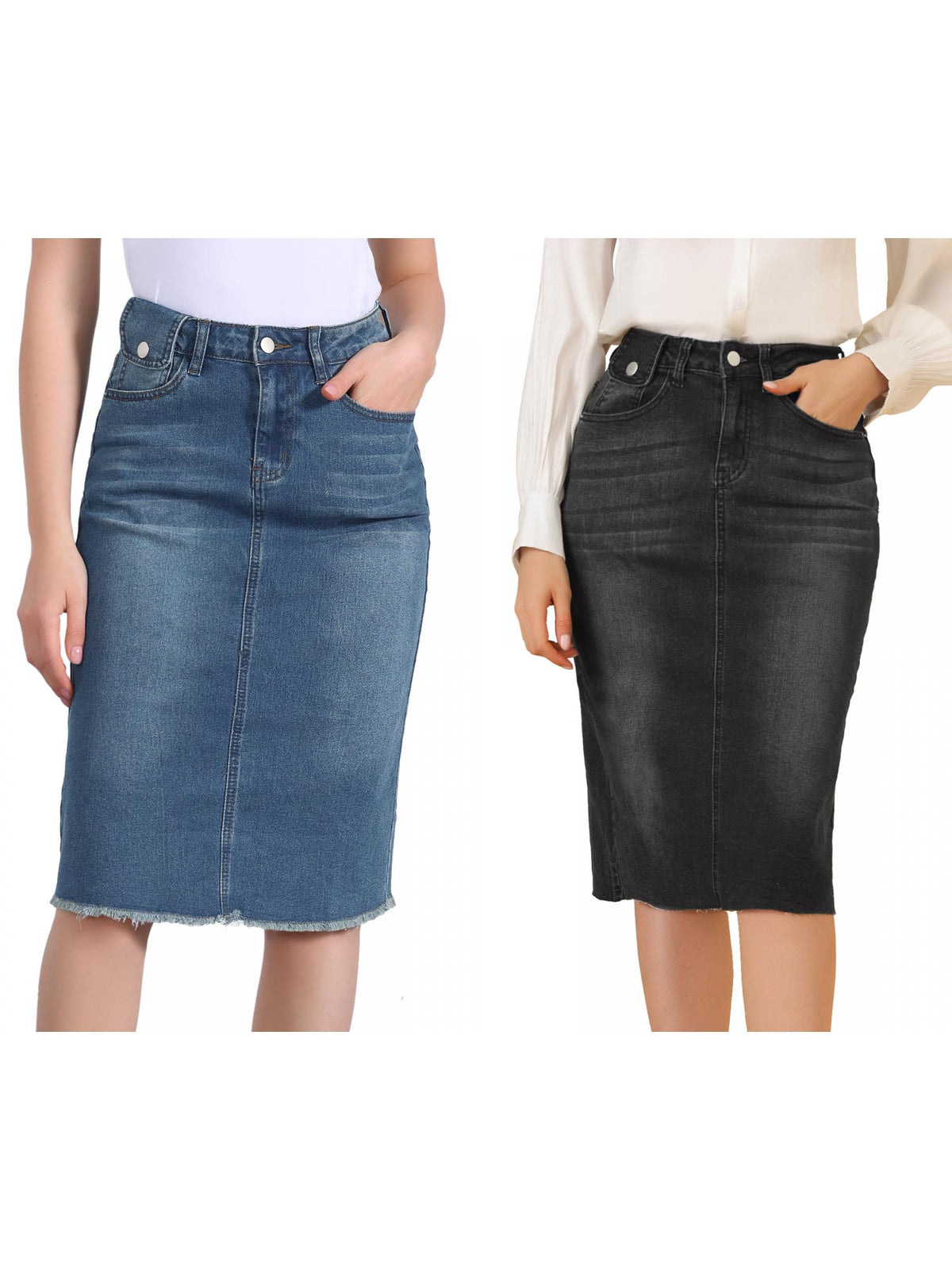 [PACK SALES] Women's 2 Pieces Solid High Waist Back Vent Knee Length Denim Skirt