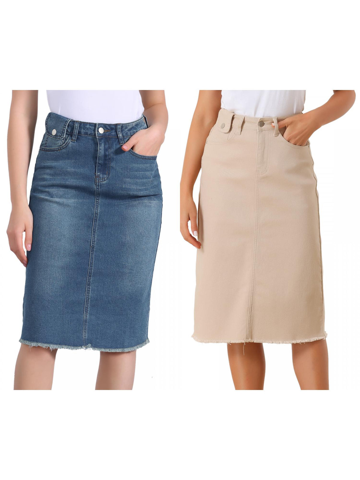 [PACK SALES] Women's 2 Pieces Solid High Waist Back Vent Knee Length Denim Skirt