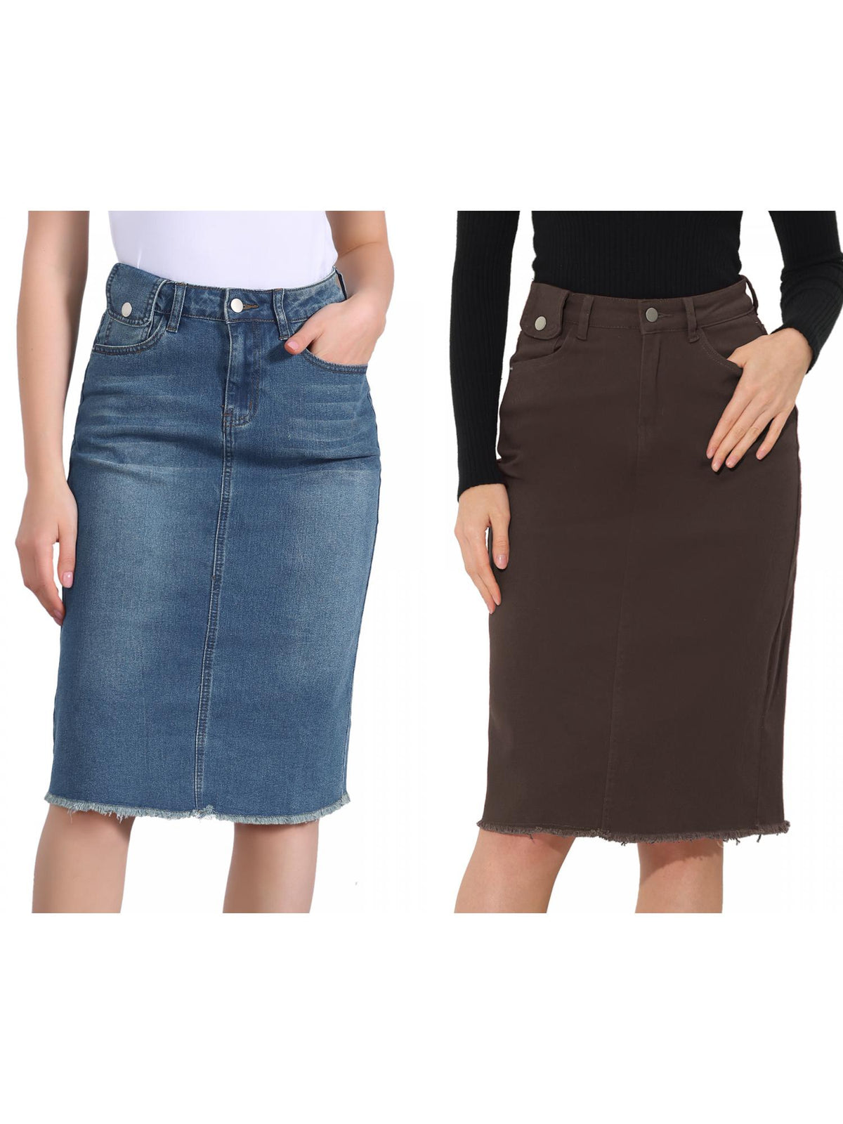 [PACK SALES] Women's 2 Pieces Solid High Waist Back Vent Knee Length Denim Skirt