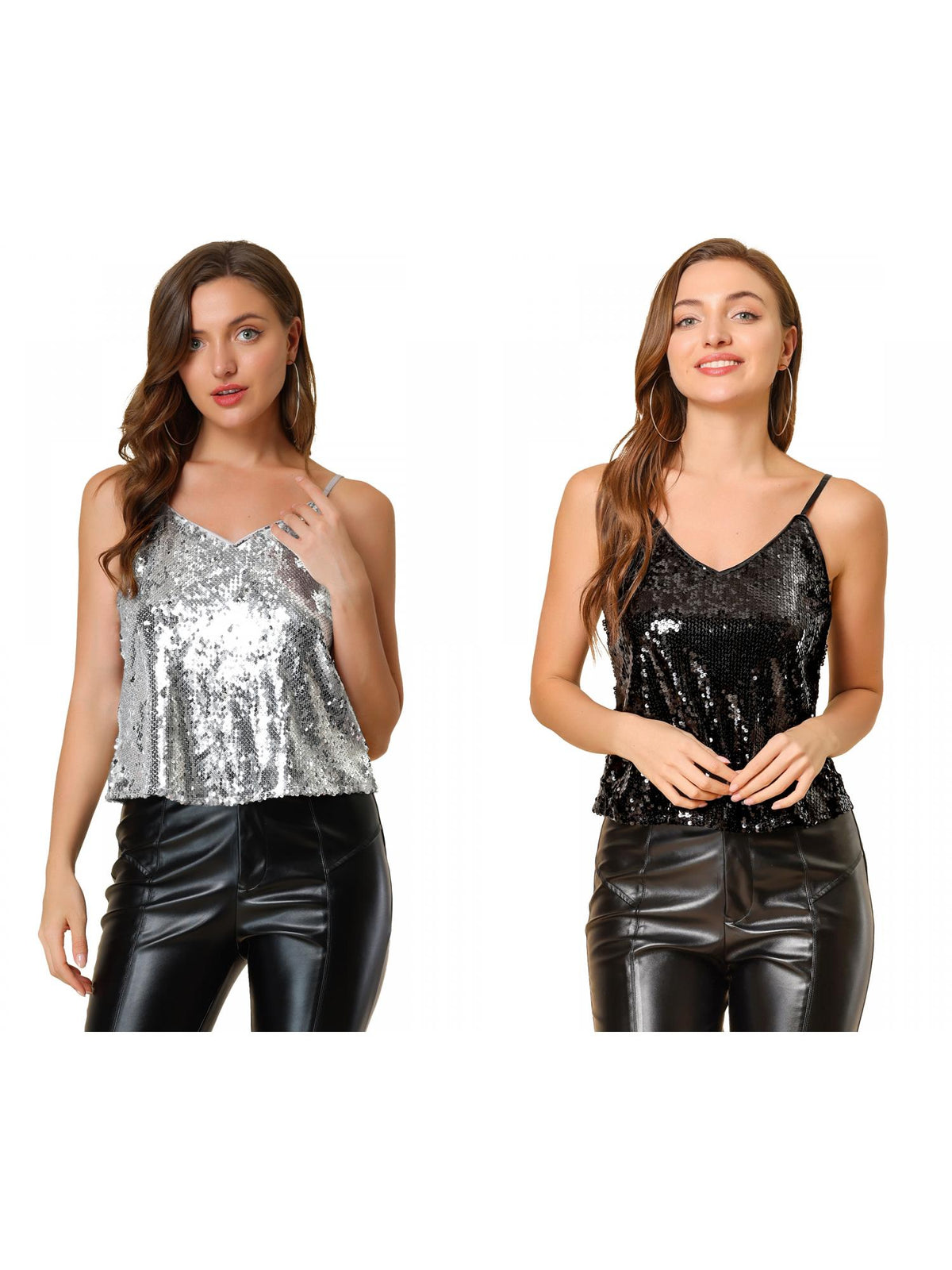 [PACK SALES] Women's 2 Pieces Sequin Spaghetti Strap Crop Camisole Tank Tops