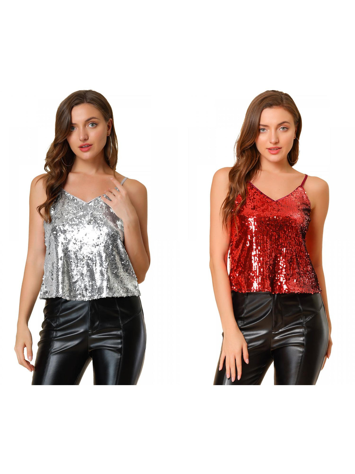 [PACK SALES] Women's 2 Pieces Sequin Spaghetti Strap Crop Camisole Tank Tops