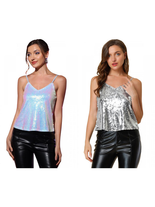 [PACK SALES] Women's 2 Pieces Sequin Spaghetti Strap Crop Camisole Tank Tops