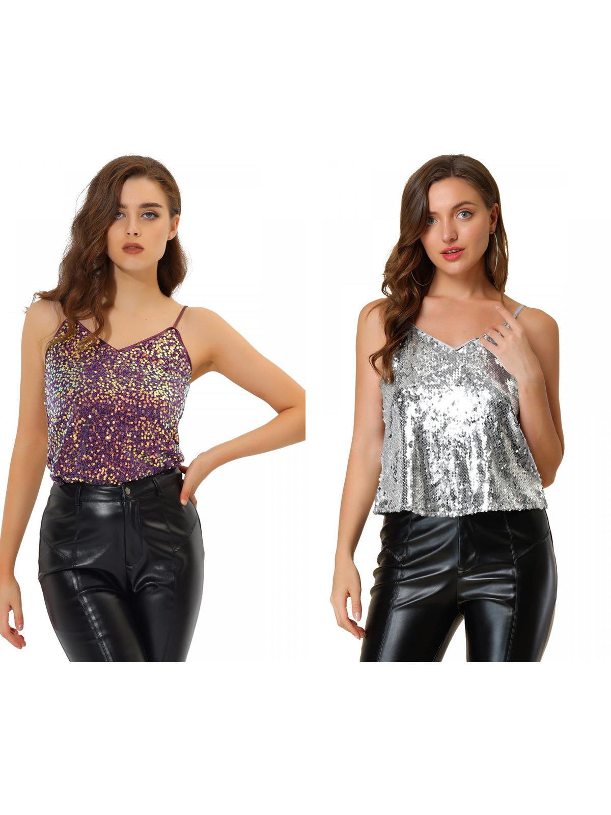 [PACK SALES] Women's 2 Pieces Sequin Spaghetti Strap Crop Camisole Tank Tops