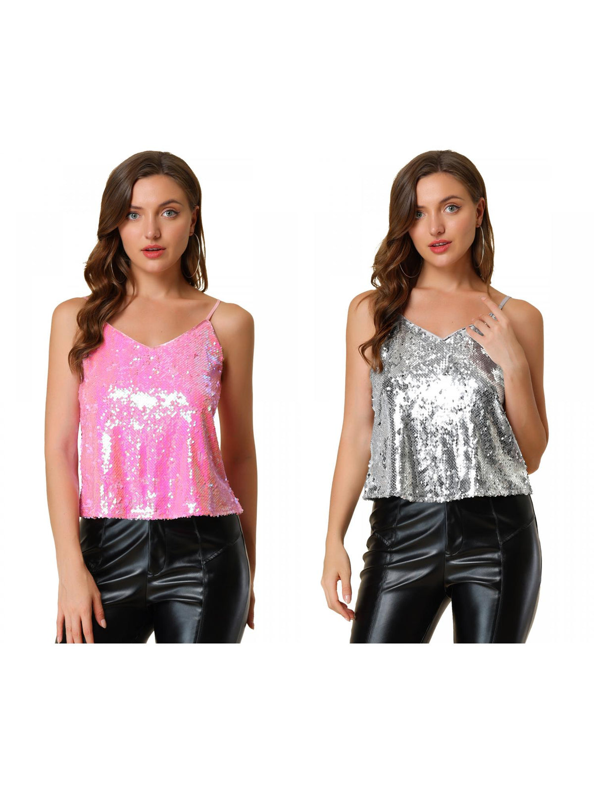 [PACK SALES] Women's 2 Pieces Sequin Spaghetti Strap Crop Camisole Tank Tops