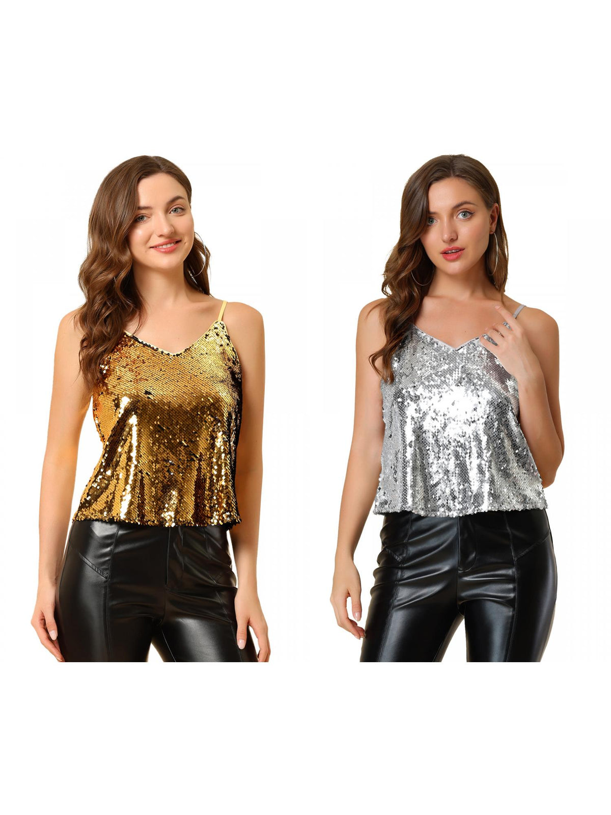 [PACK SALES] Women's 2 Pieces Sequin Spaghetti Strap Crop Camisole Tank Tops