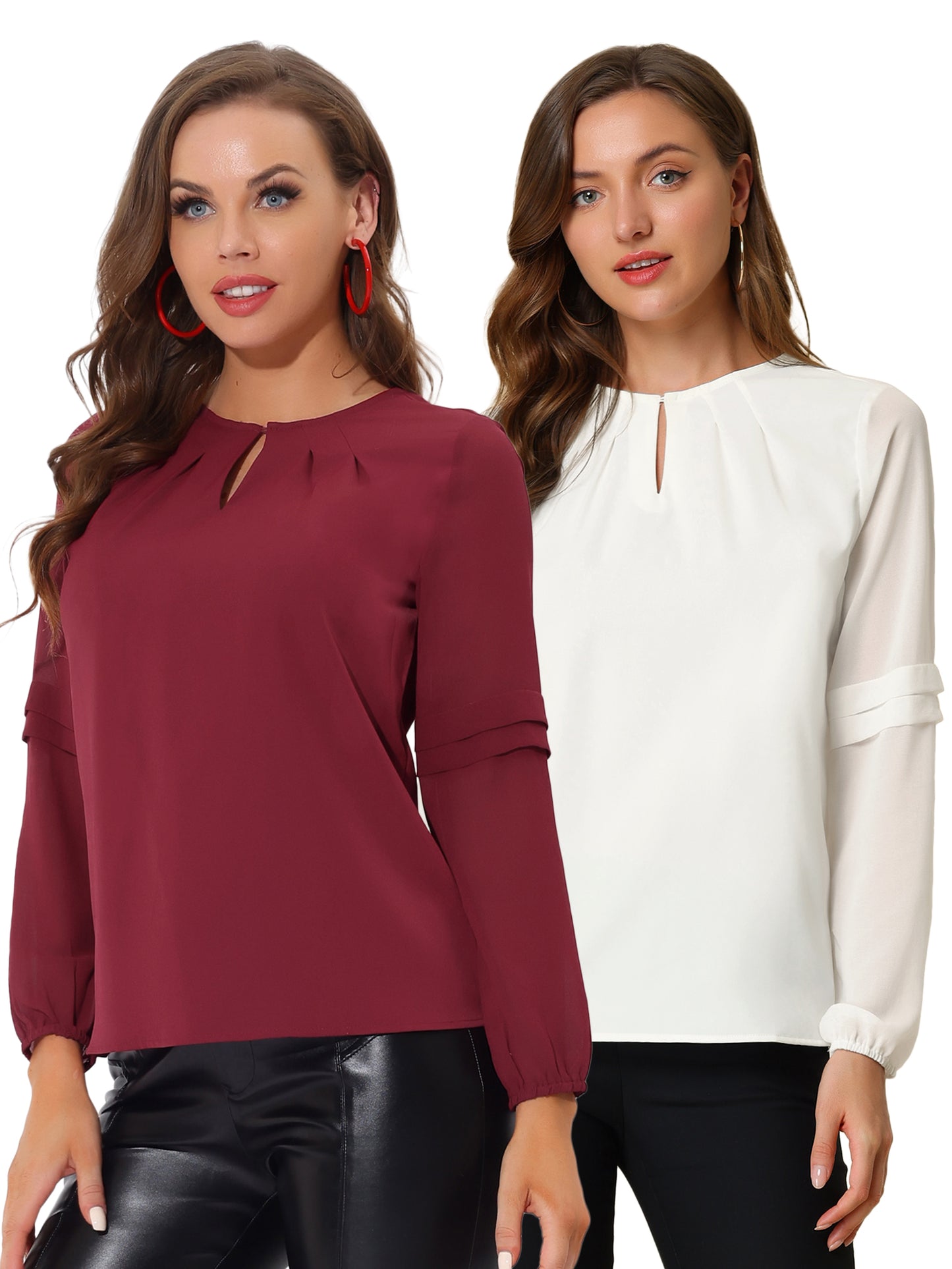 [PACK SALES] Women's 2 Pieces Work Office Long Sleeves Keyhole Neck Elegant Blouse
