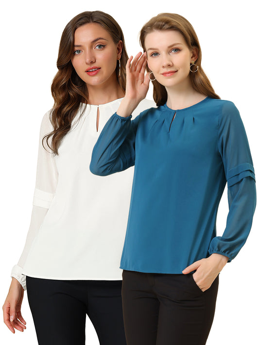 [PACK SALES] Women's 2 Pieces Work Office Long Sleeves Keyhole Neck Elegant Blouse