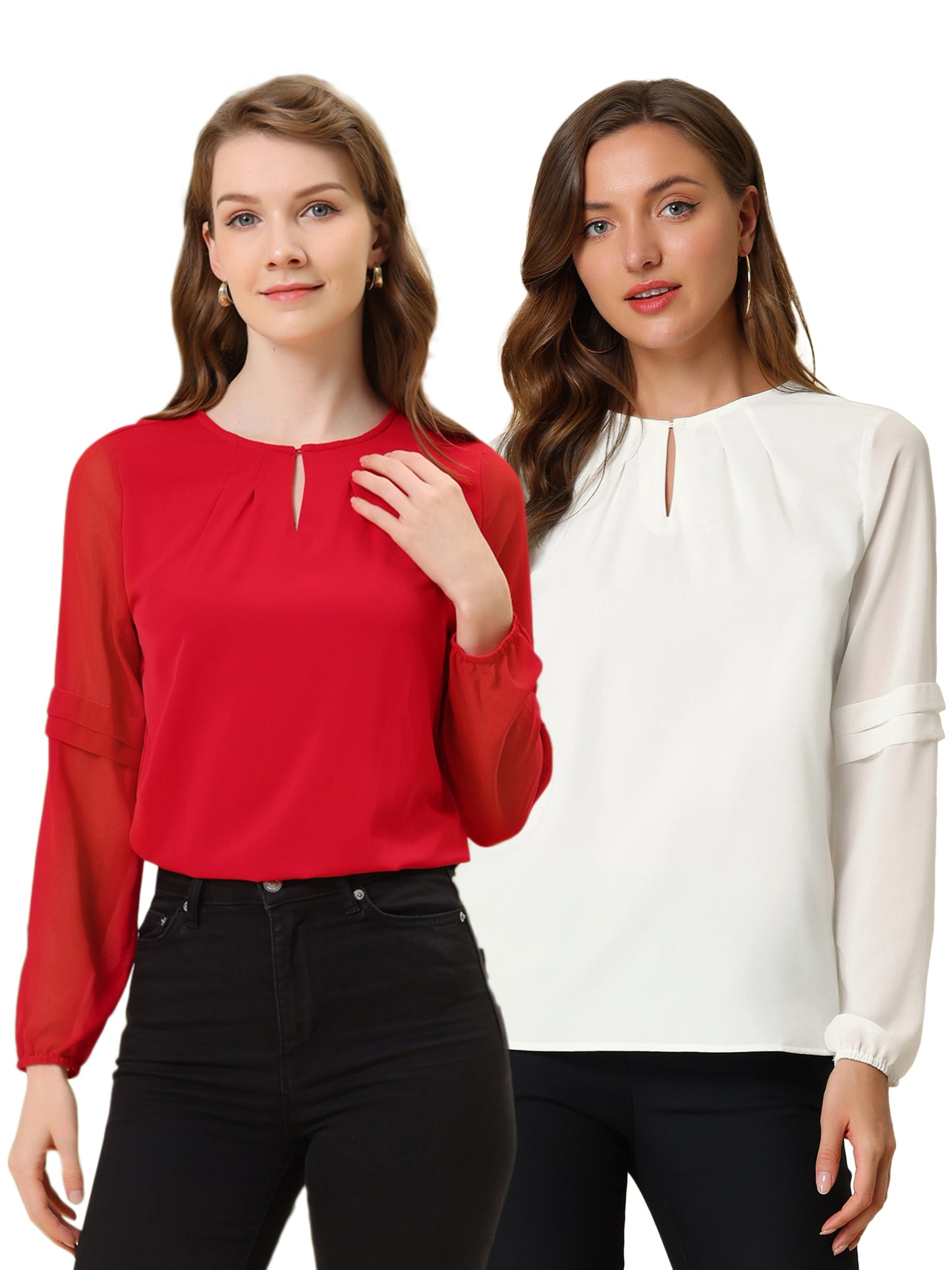 [PACK SALES] Women's 2 Pieces Work Office Long Sleeves Keyhole Neck Elegant Blouse