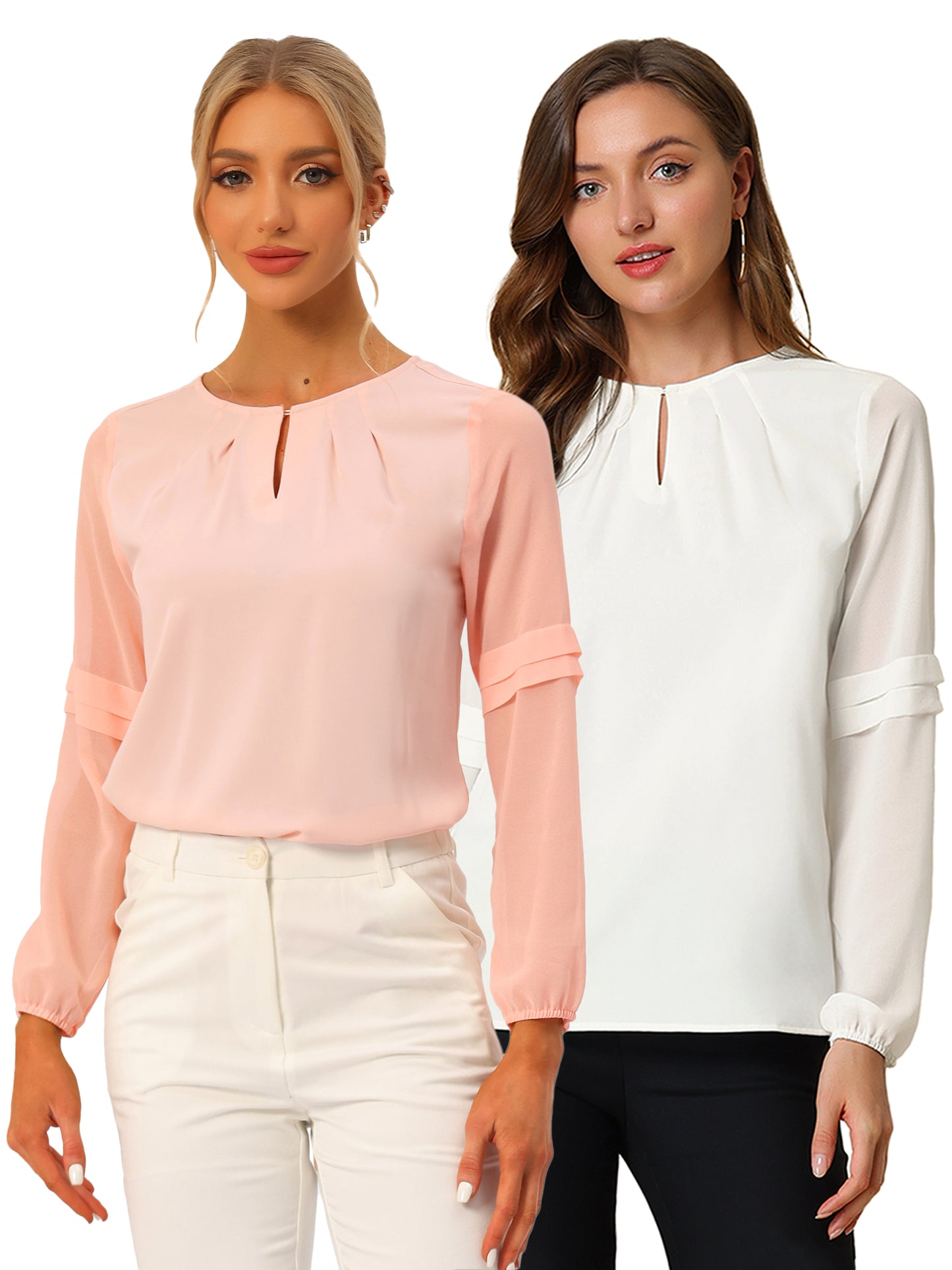 [PACK SALES] Women's 2 Pieces Work Office Long Sleeves Keyhole Neck Elegant Blouse