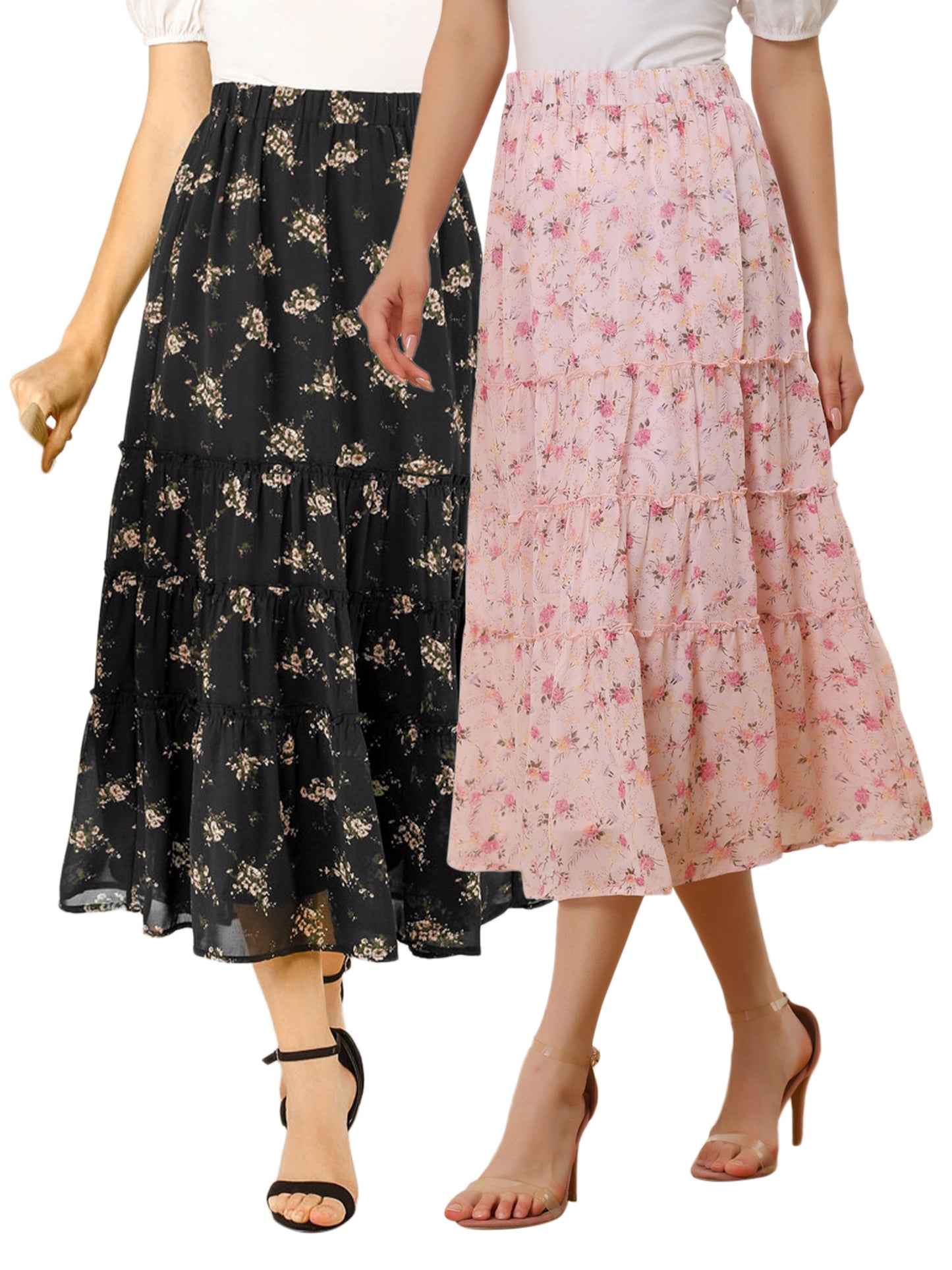 [PACK SALES] Women's 2 Pieces Floral Print Elastic Waist Ruffle Maxi Tiered Skirt