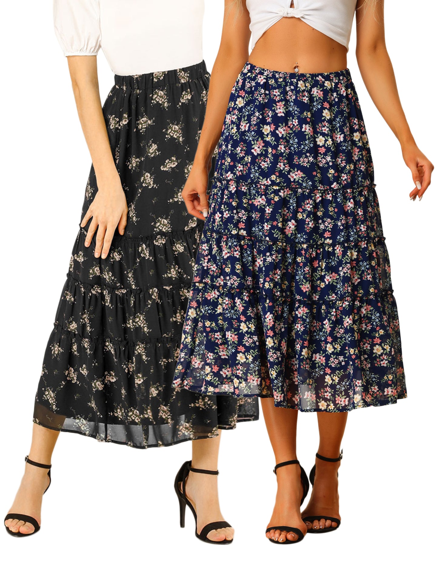 [PACK SALES] Women's 2 Pieces Floral Print Elastic Waist Ruffle Maxi Tiered Skirt