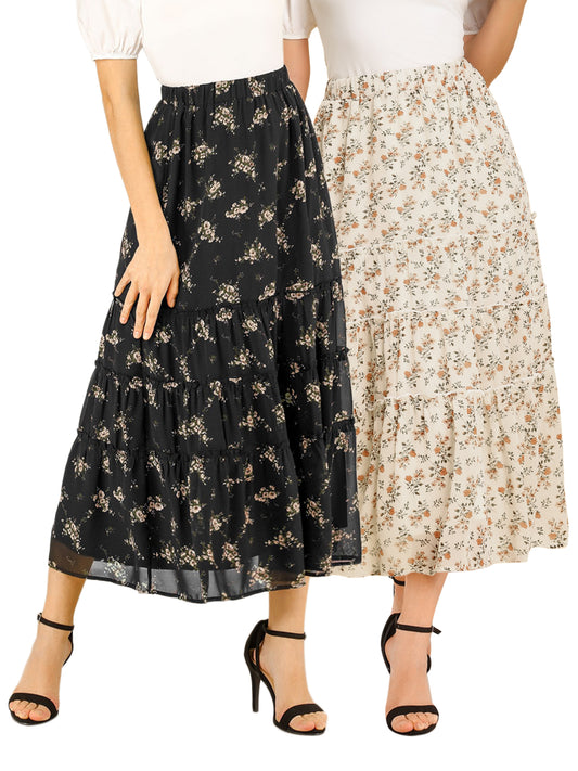 [PACK SALES] Women's 2 Pieces Floral Print Elastic Waist Ruffle Maxi Tiered Skirt