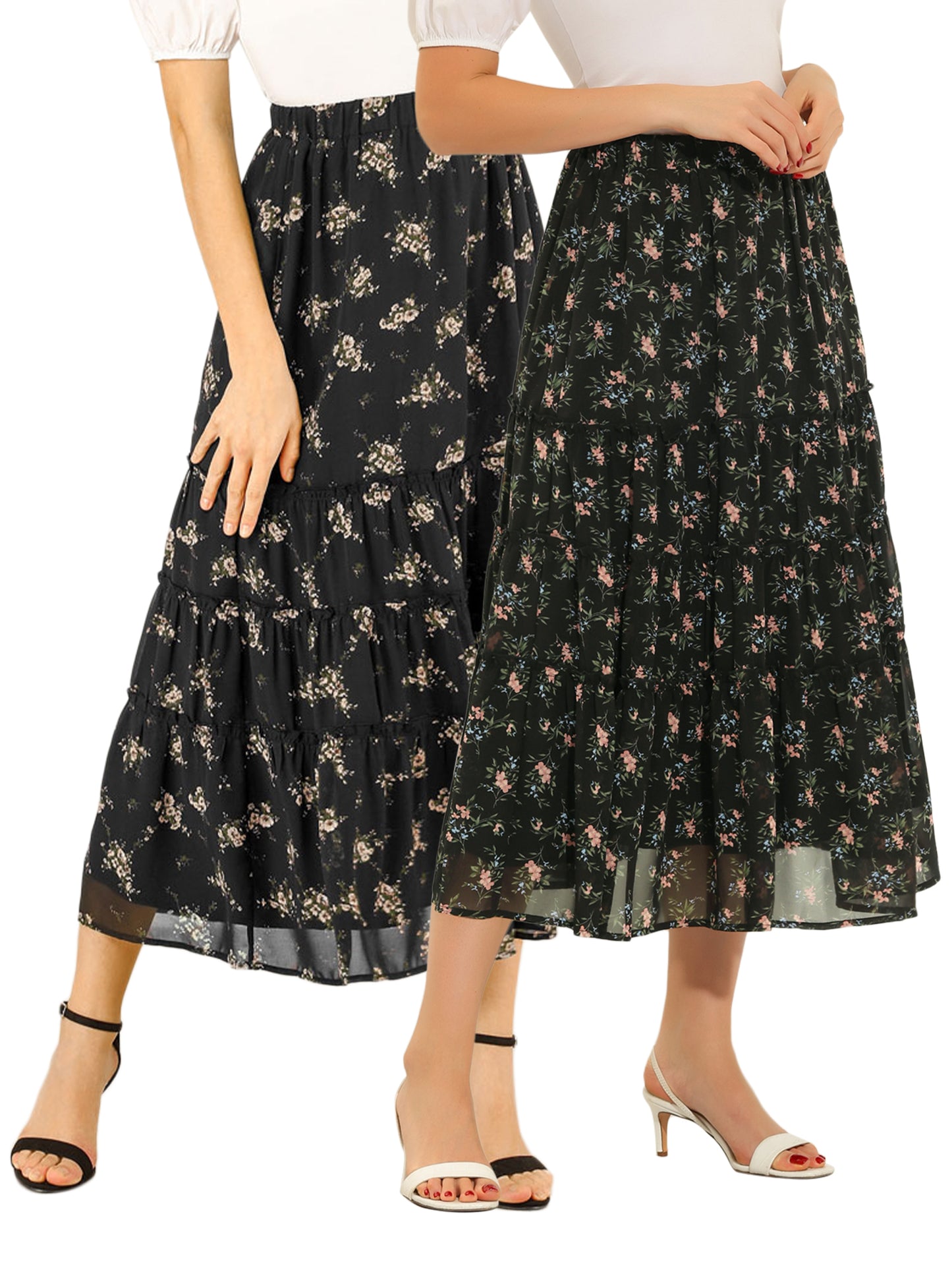 [PACK SALES] Women's 2 Pieces Floral Print Elastic Waist Ruffle Maxi Tiered Skirt