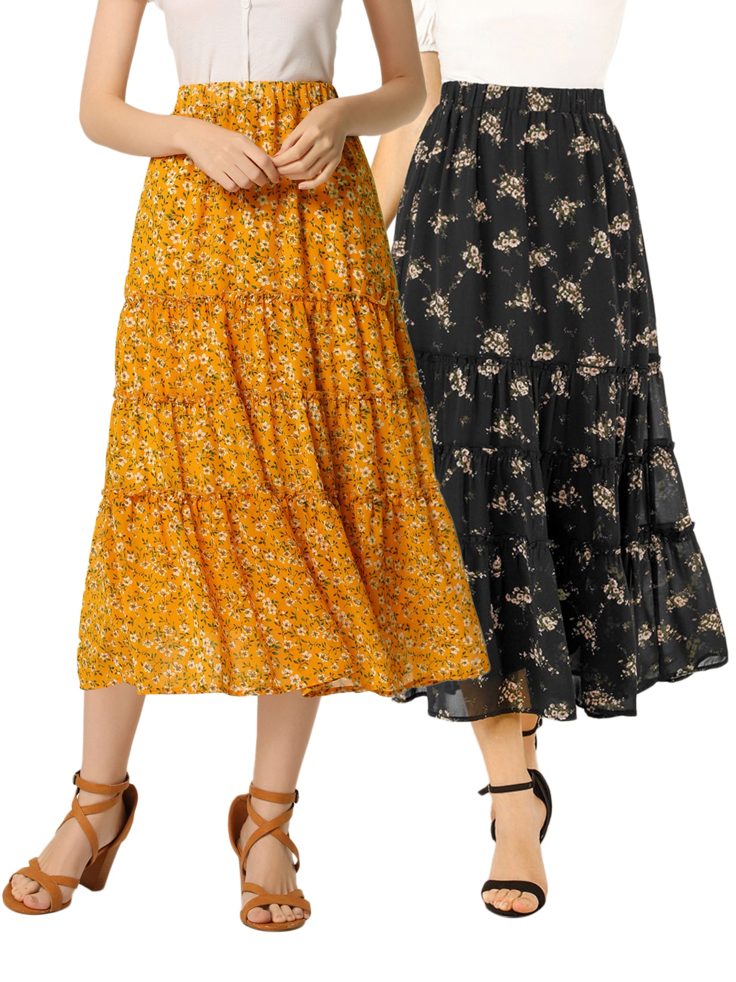 [PACK SALES] Women's 2 Pieces Floral Print Elastic Waist Ruffle Maxi Tiered Skirt