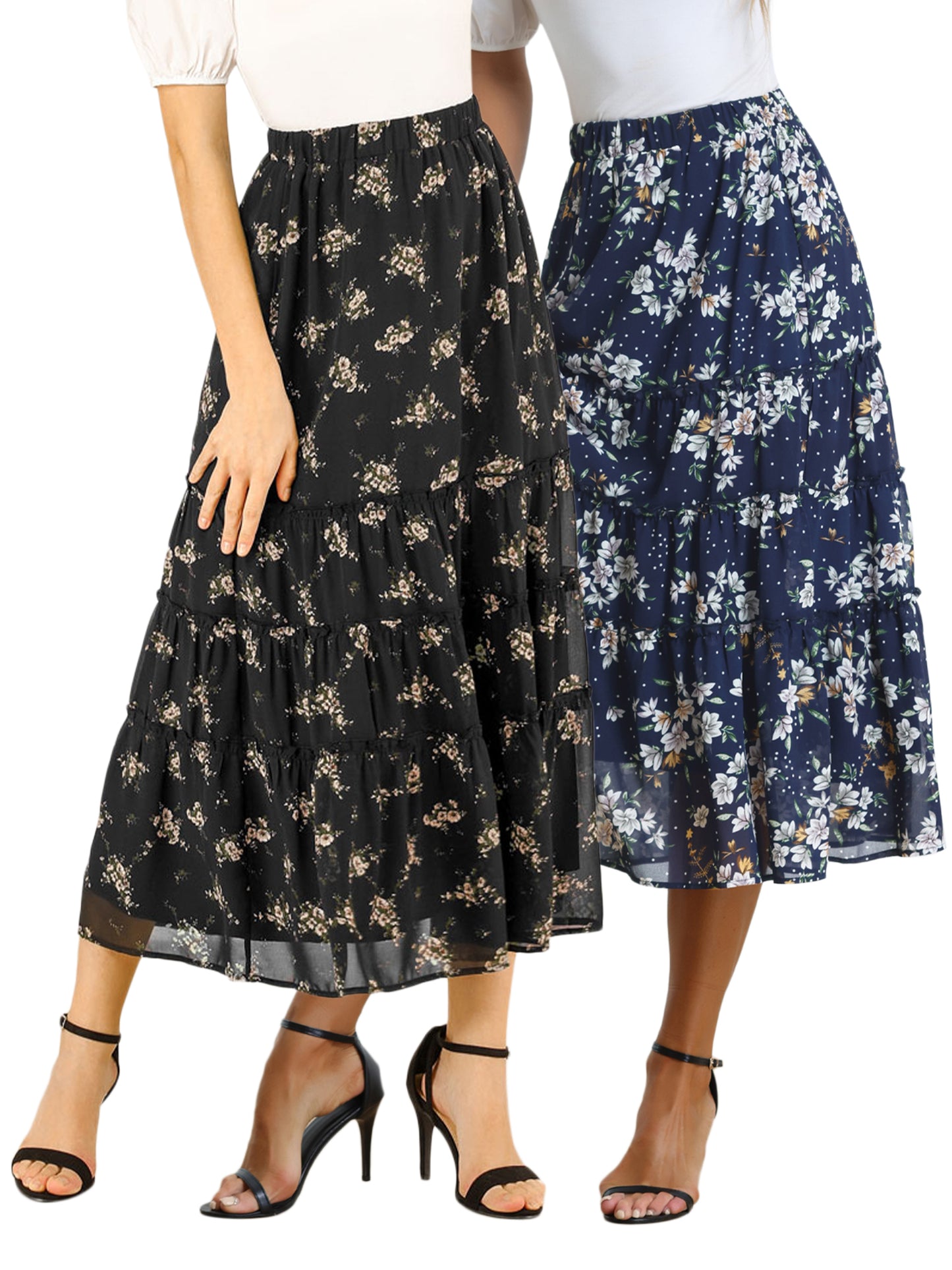 [PACK SALES] Women's 2 Pieces Floral Print Elastic Waist Ruffle Maxi Tiered Skirt