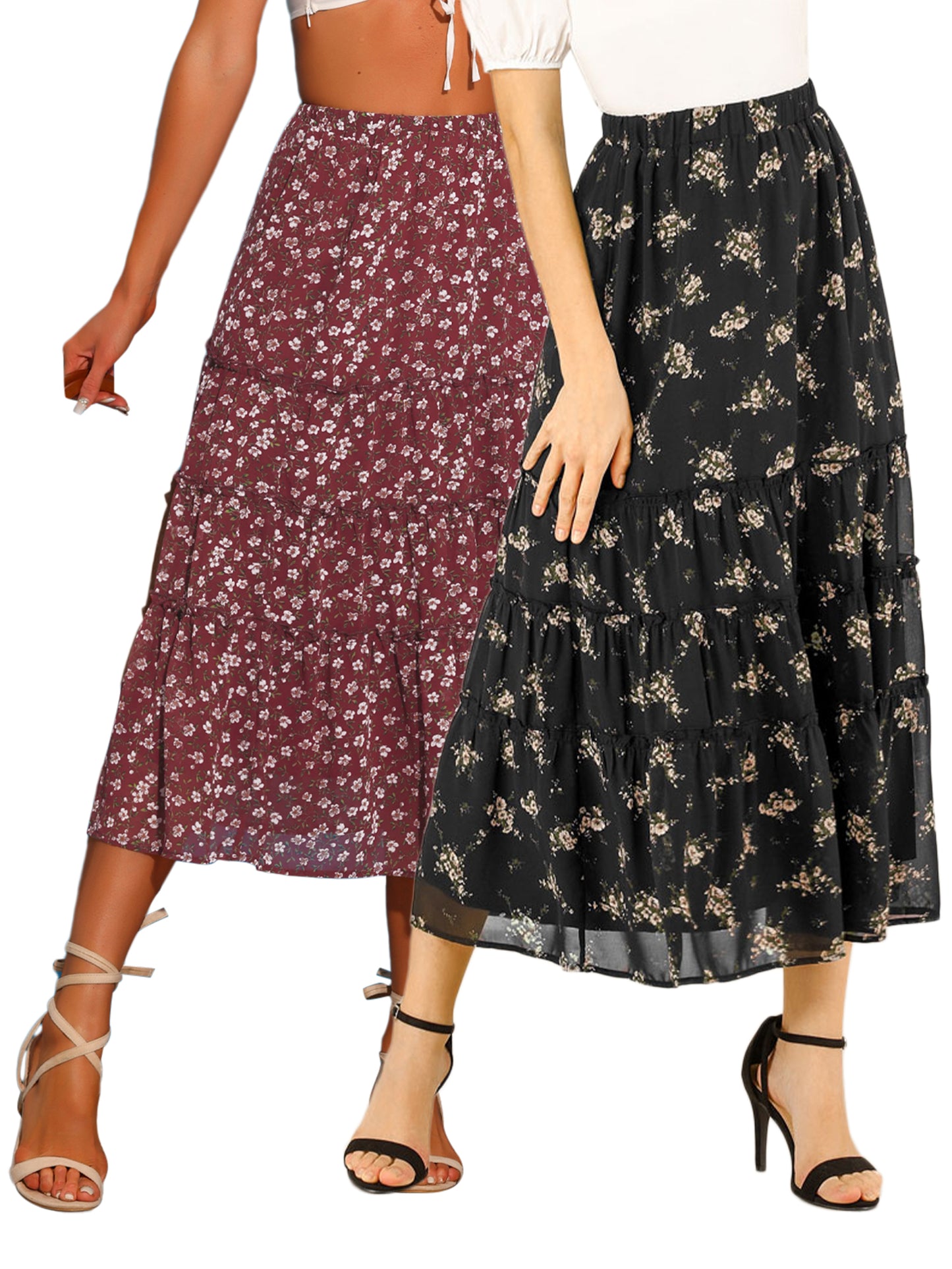 [PACK SALES] Women's 2 Pieces Floral Print Elastic Waist Ruffle Maxi Tiered Skirt