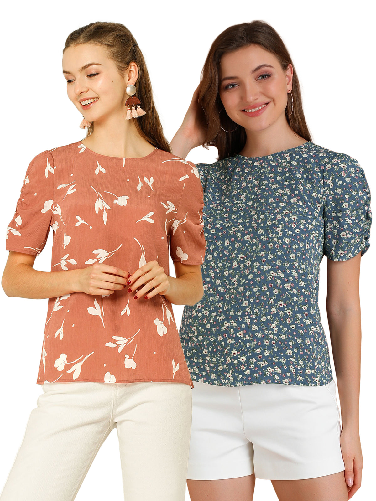 [PACK SALES] Women's 2 Pieces Elegant Crew Neck Shirred Sleeve Keyhole Back Floral Blouse