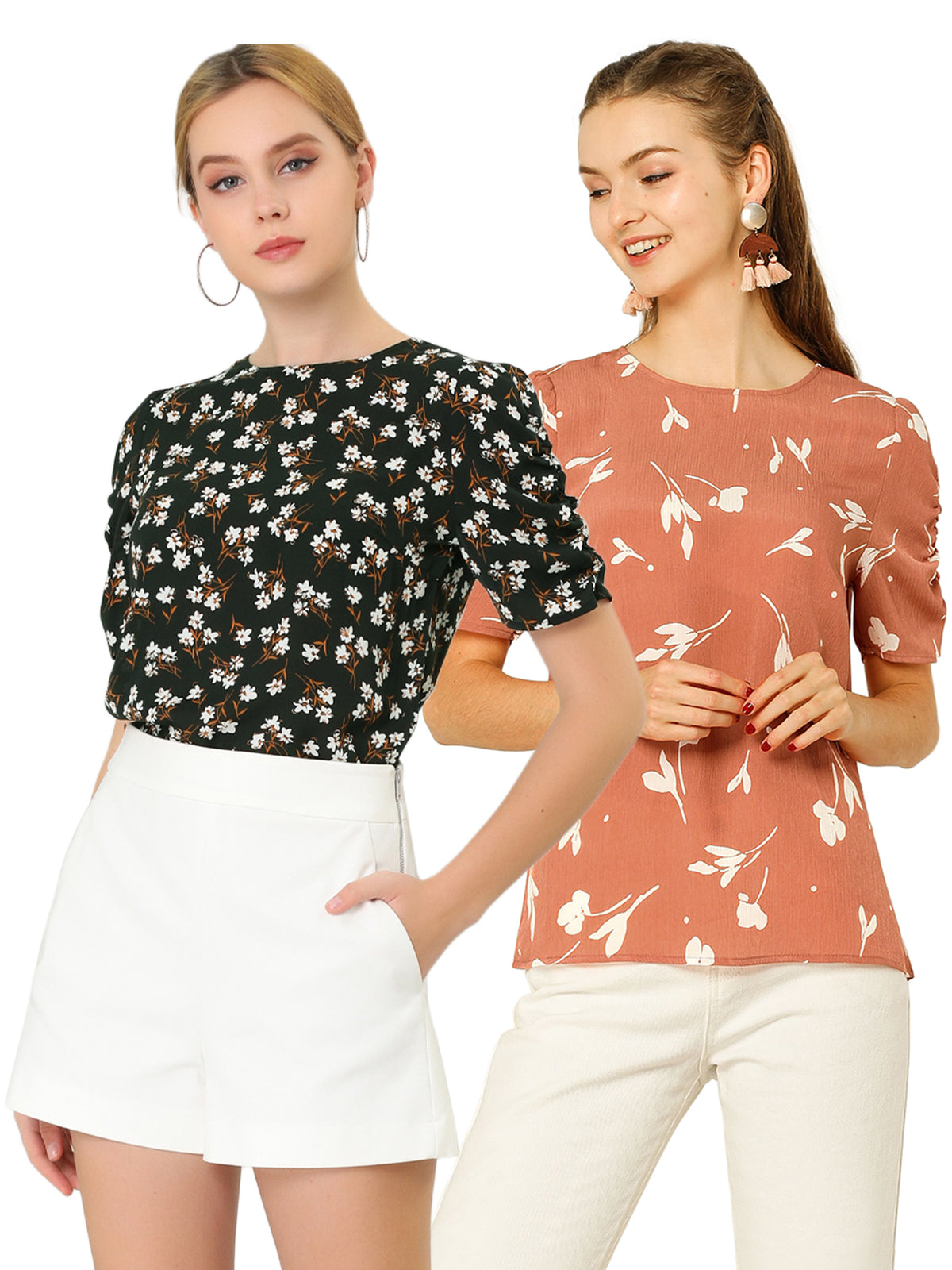 [PACK SALES] Women's 2 Pieces Elegant Crew Neck Shirred Sleeve Keyhole Back Floral Blouse