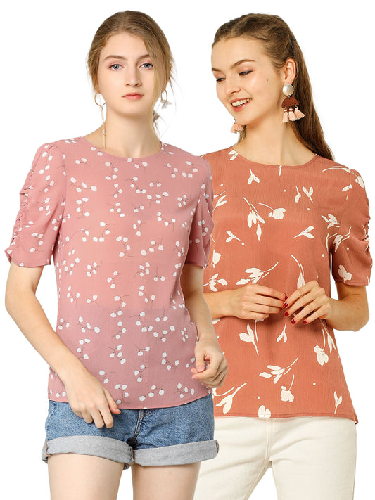 [PACK SALES] Women's 2 Pieces Elegant Crew Neck Shirred Sleeve Keyhole Back Floral Blouse