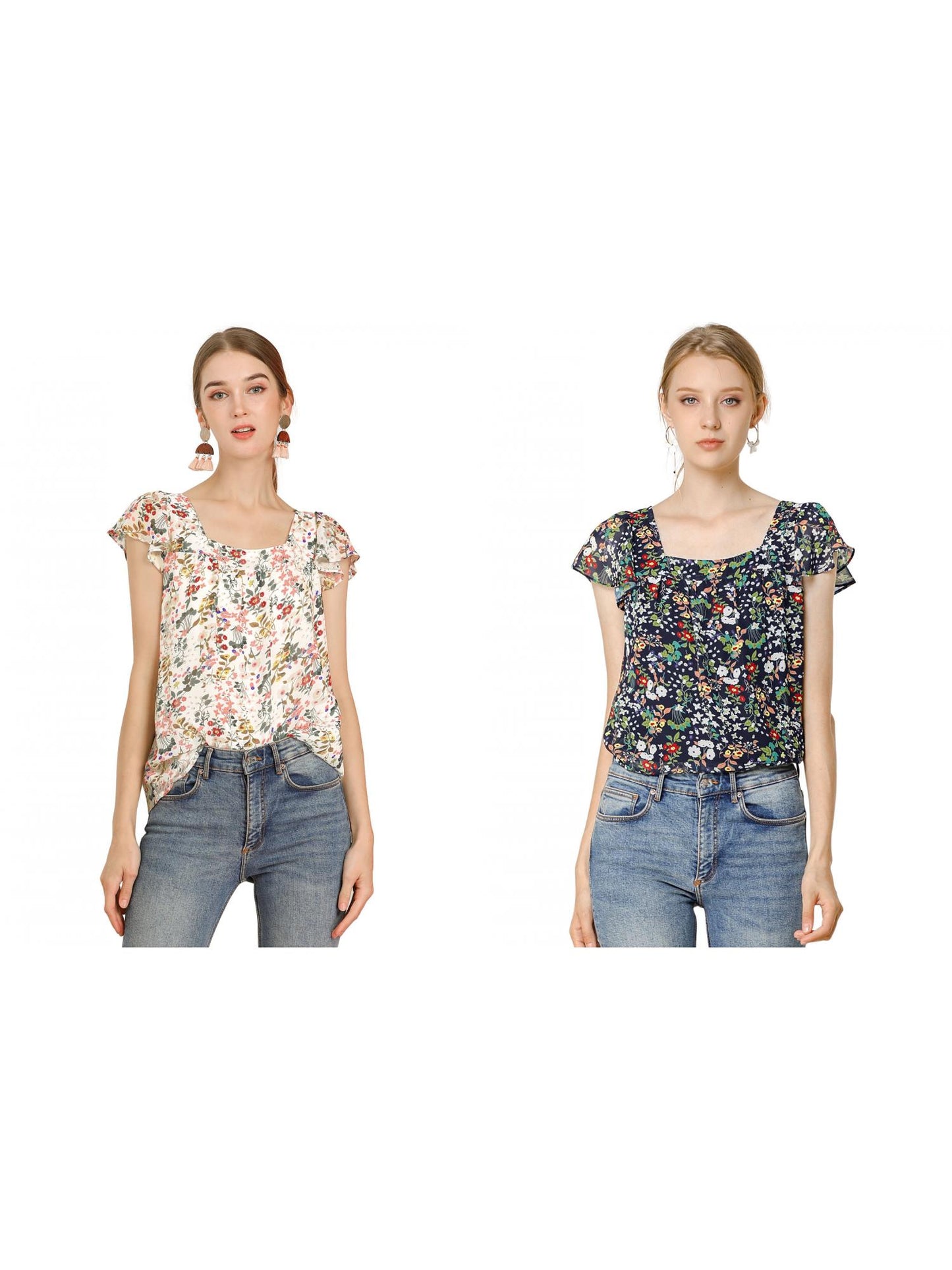 [PACK SALES] Women's 2 Pieces Short Sleeve Square Neck Ruffled Floral Chiffon Blouse