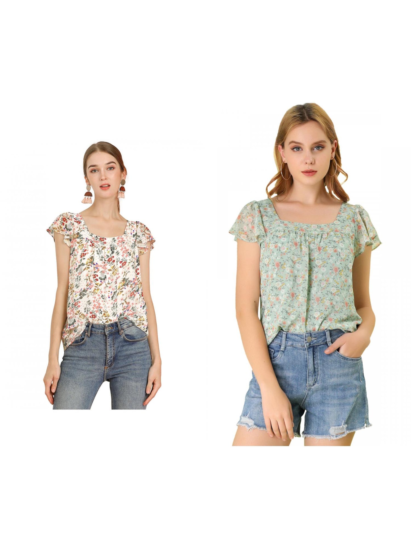 [PACK SALES] Women's 2 Pieces Short Sleeve Square Neck Ruffled Floral Chiffon Blouse