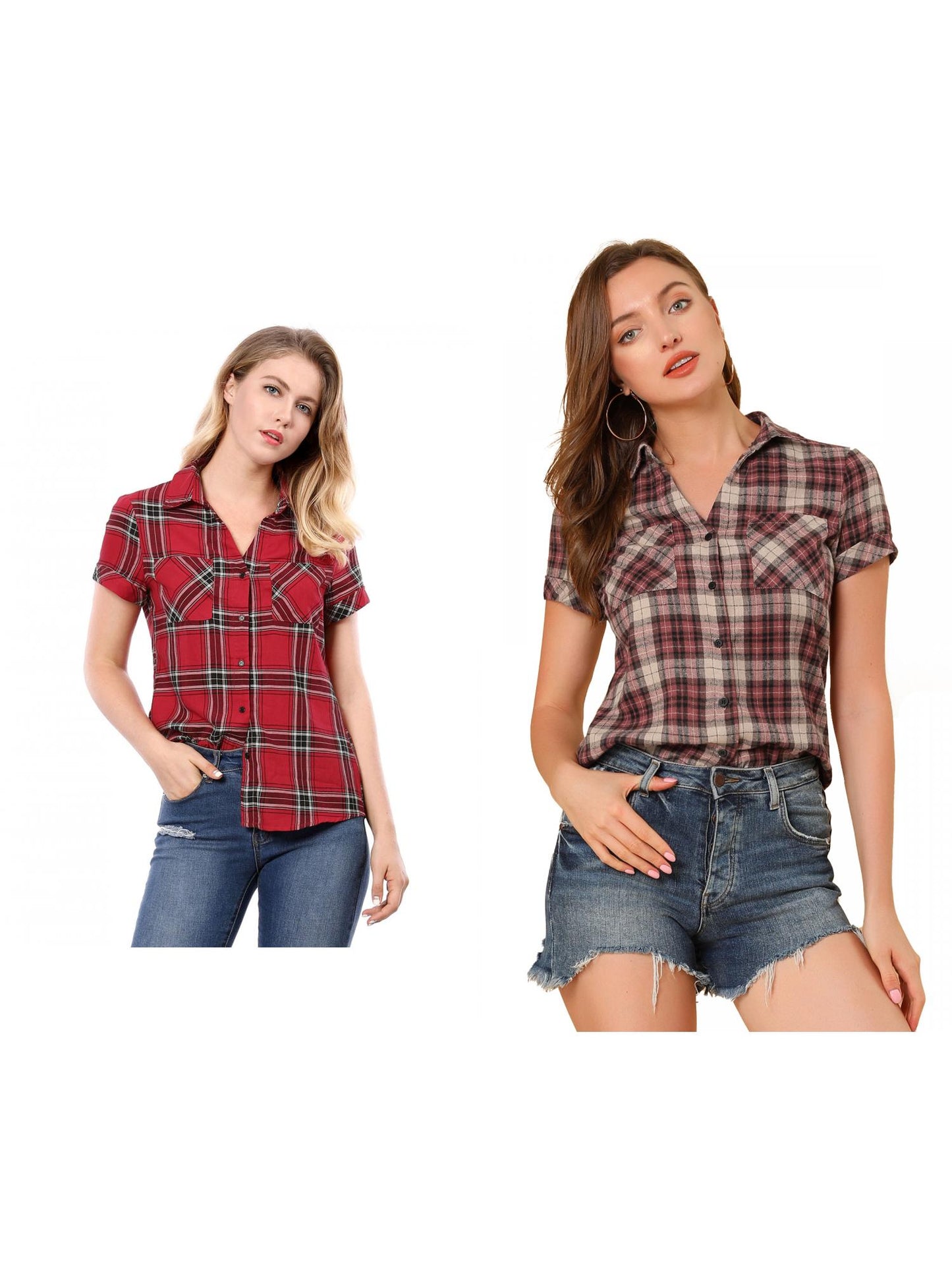 [PACK SALES] Women's 2 Pieces Button Front Short Sleeves Plaid Shirt