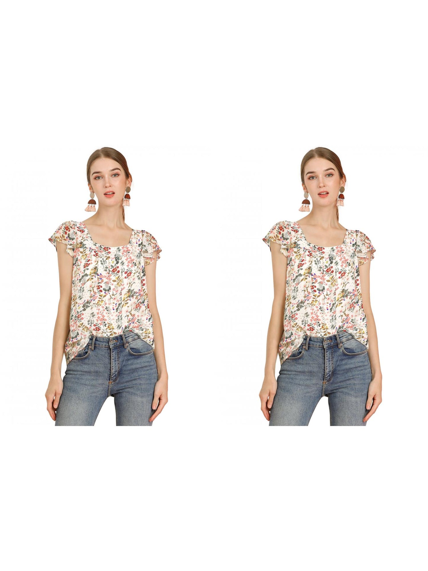[PACK SALES] Women's 2 Pieces Short Sleeve Square Neck Ruffled Floral Chiffon Blouse