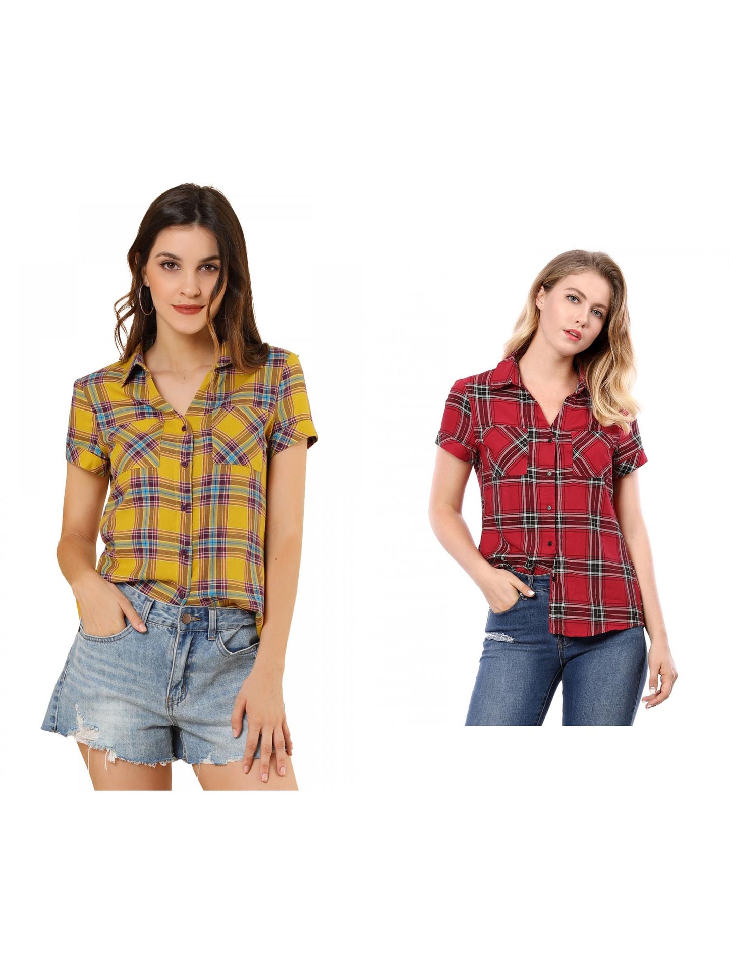 [PACK SALES] Women's 2 Pieces Button Front Short Sleeves Plaid Shirt
