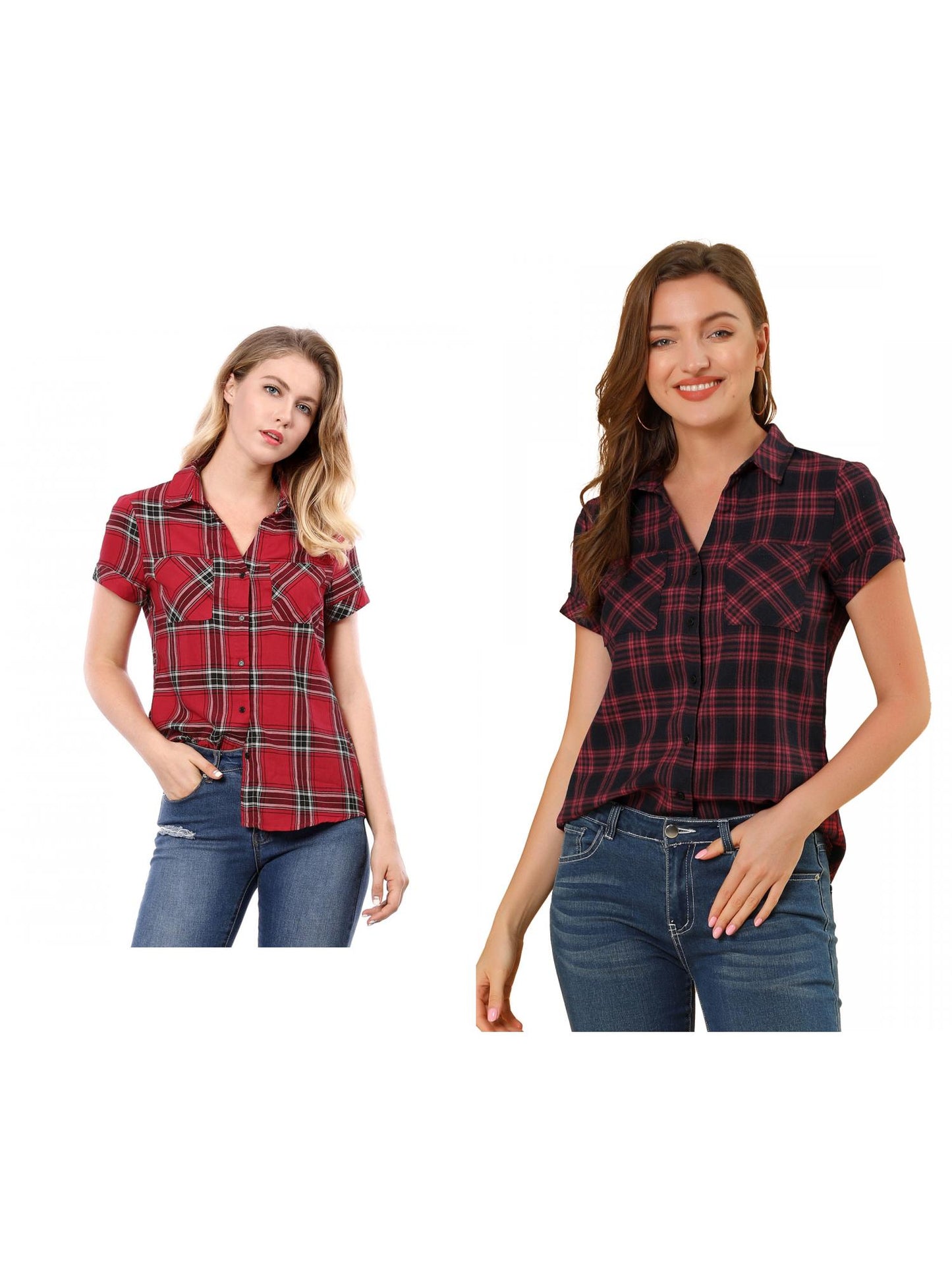 [PACK SALES] Women's 2 Pieces Button Front Short Sleeves Plaid Shirt