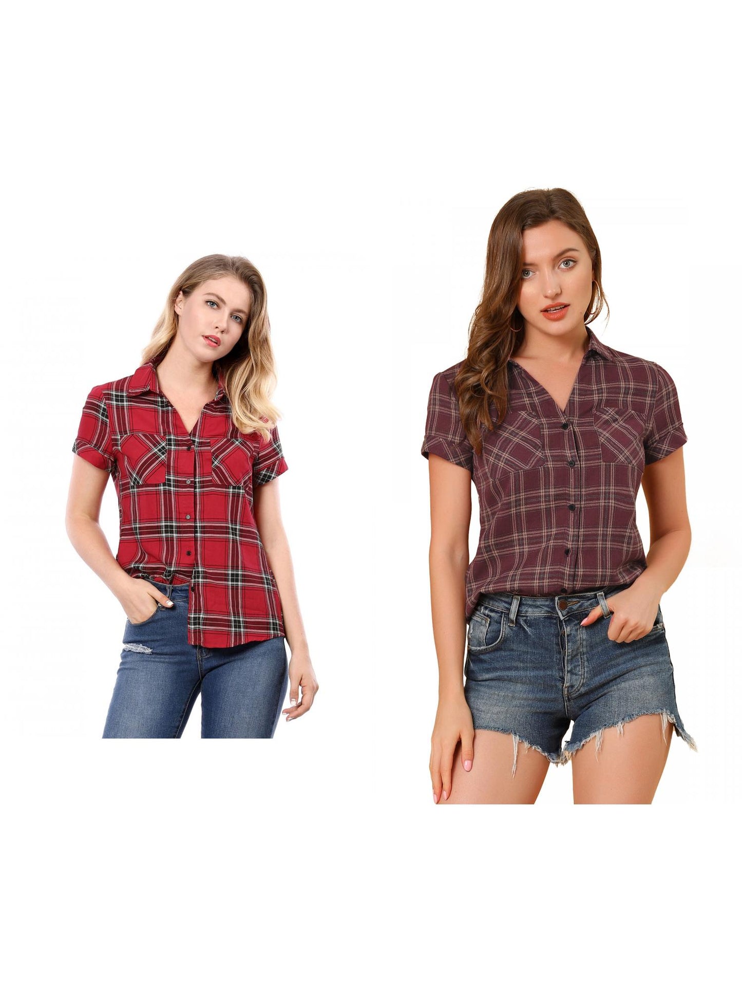 [PACK SALES] Women's 2 Pieces Button Front Short Sleeves Plaid Shirt